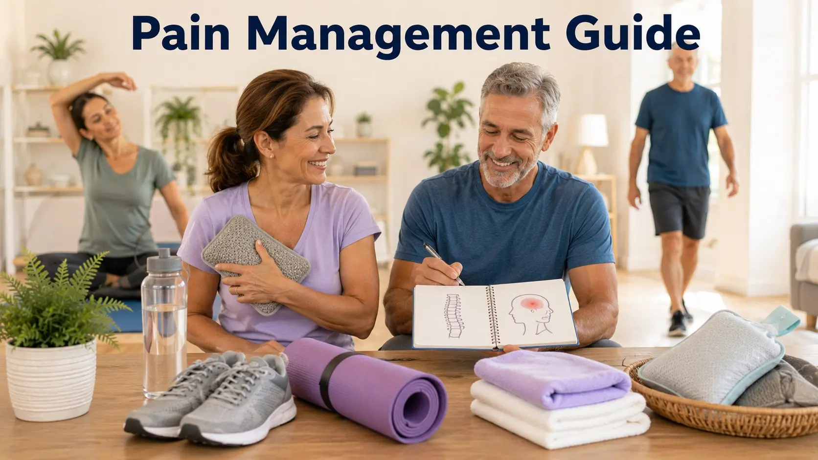 Adults reviewing pain management topics with a warm compress, walking shoes, stretching mat, water, and health notes