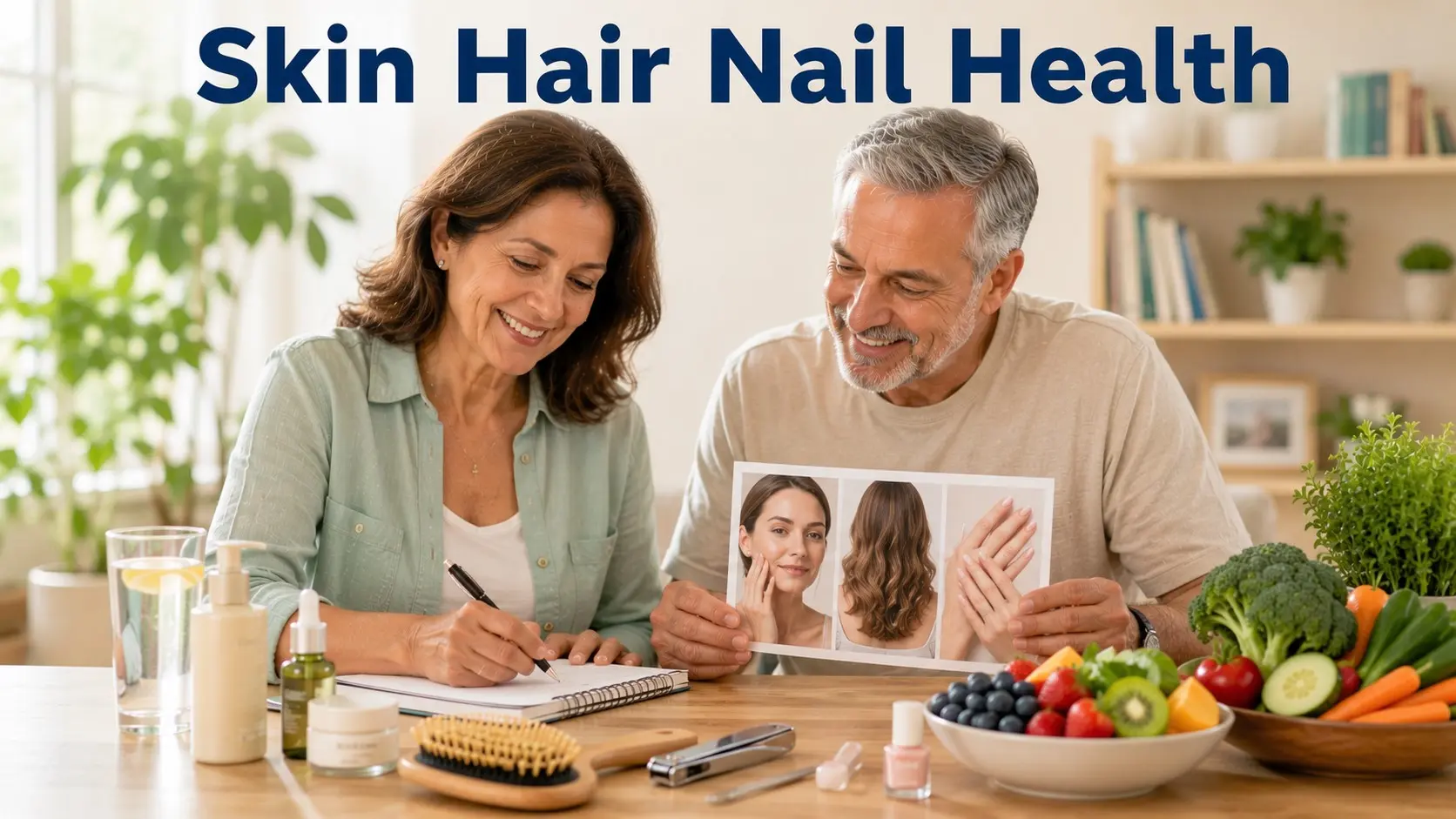 Adults reviewing skin, hair, and nail health habits with gentle skin-care items, a hairbrush, nail tools, water, and wellness notes