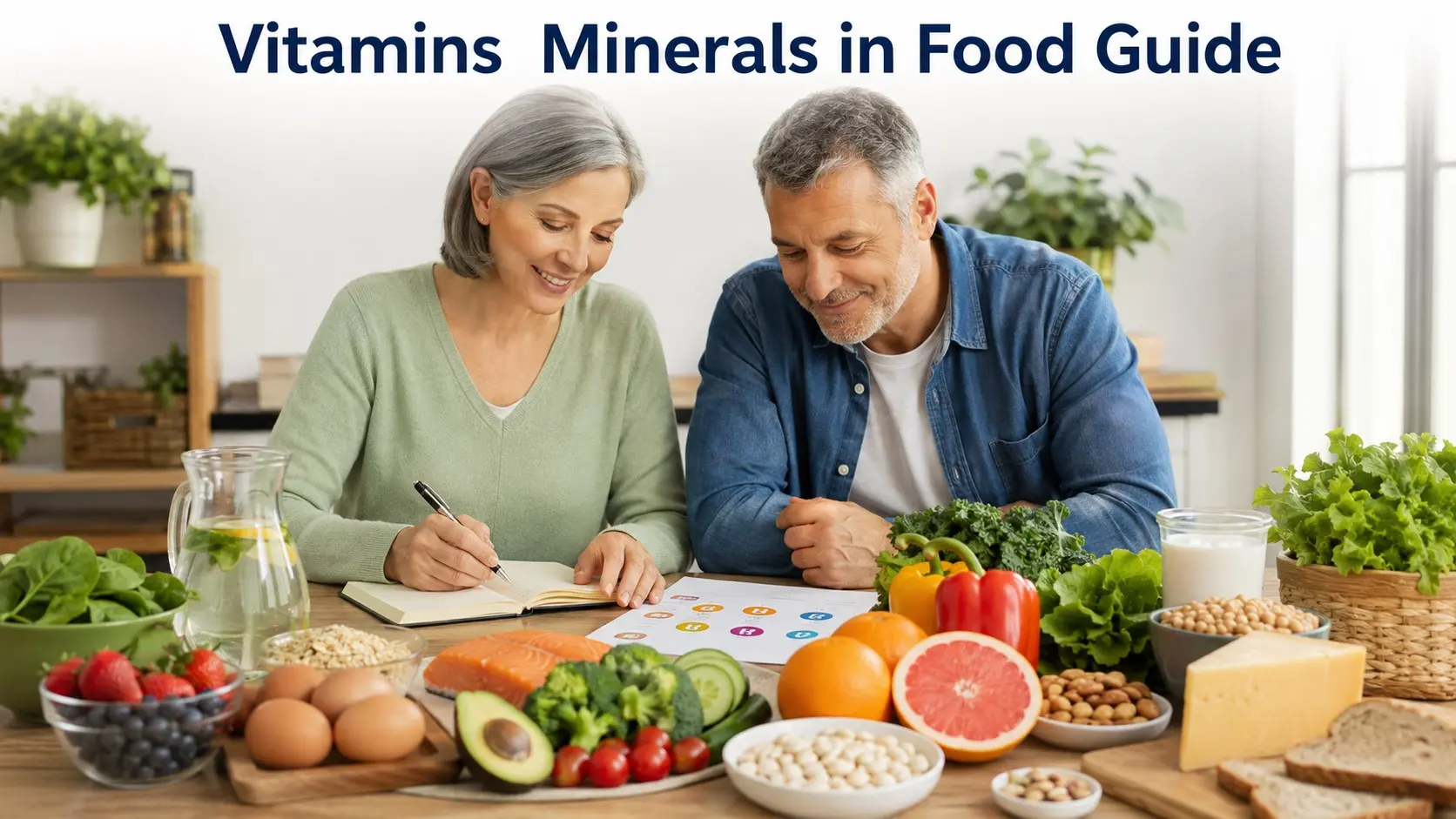 Adults reviewing nutrition and vitamin sources with leafy greens, citrus fruit, beans, nuts, fortified foods, and nutrition notes
