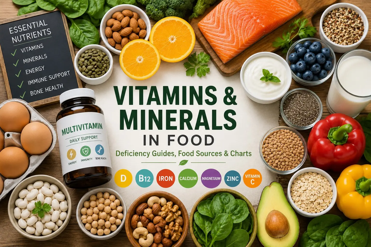 Vitamins and minerals in food shown with salmon, eggs, yogurt, milk, beans, lentils, nuts, seeds, oats, spinach, peppers, oranges, and berries.