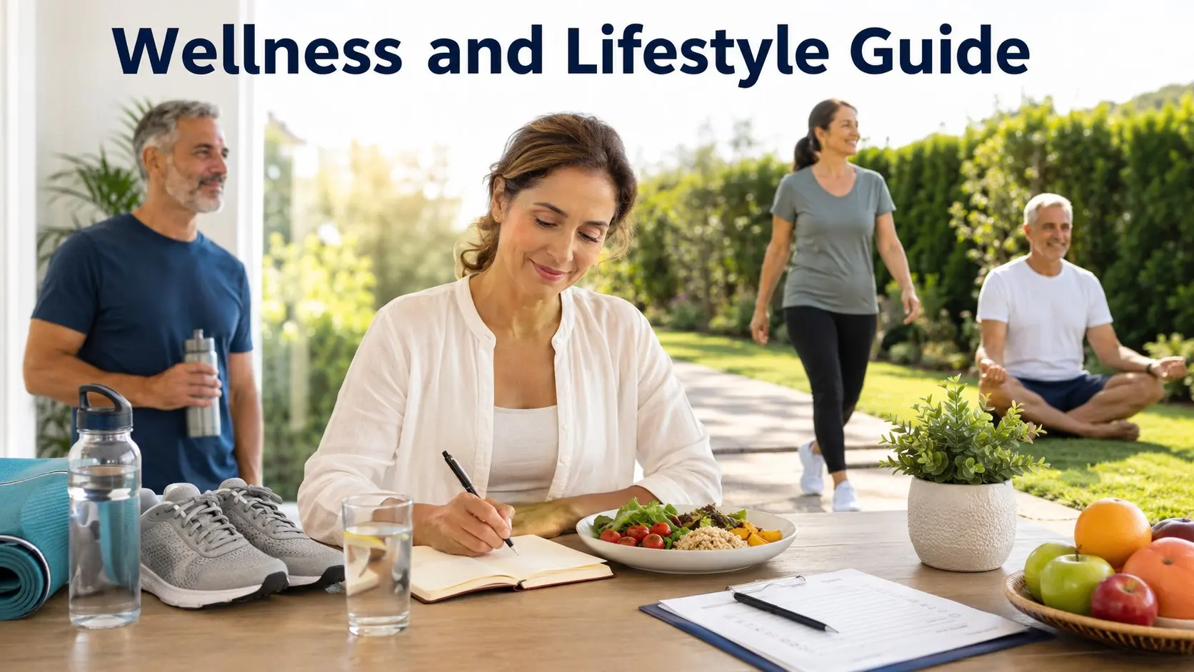 Adults reviewing wellness and lifestyle habits with a balanced meal, walking shoes, water, sleep journal, and health checklist