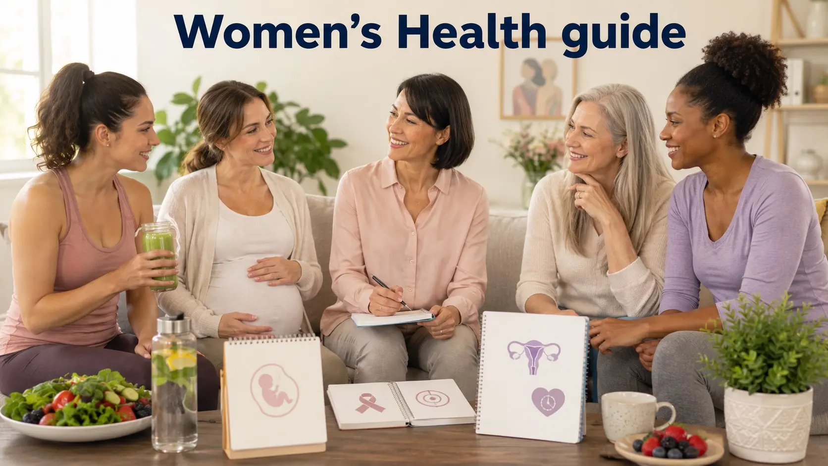 Women of different adult ages reviewing women’s health topics with wellness notes, nutrition, screening reminders, and self-care items