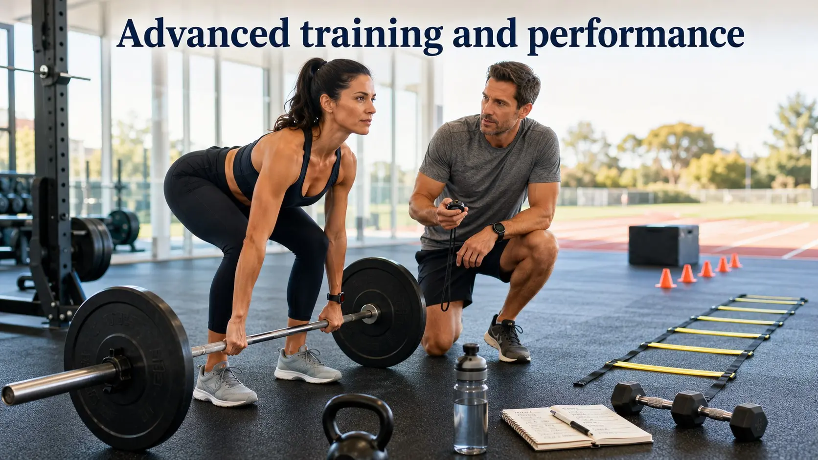 Advanced training and performance guide with a man and woman using barbells, kettlebells, agility ladder, stopwatch, and training notes in a modern gym
