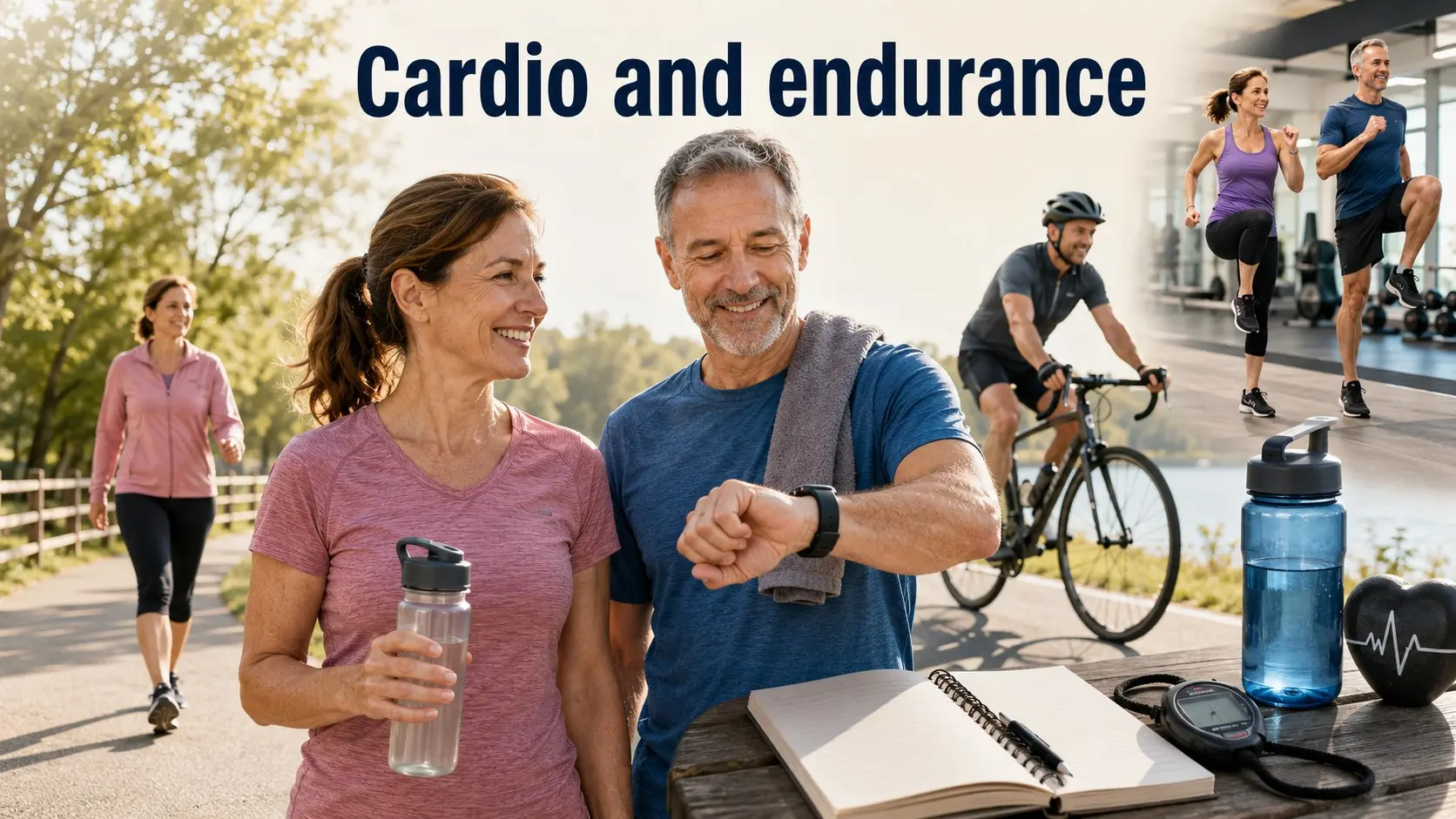 Cardio and endurance guide with a man and woman walking, running, cycling, and tracking heart-friendly aerobic workouts