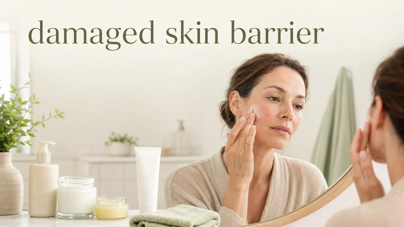 damaged skin barrier- Woman applying fragrance free moisturizer to soothe a damaged skin barrier with dryness and mild redness.