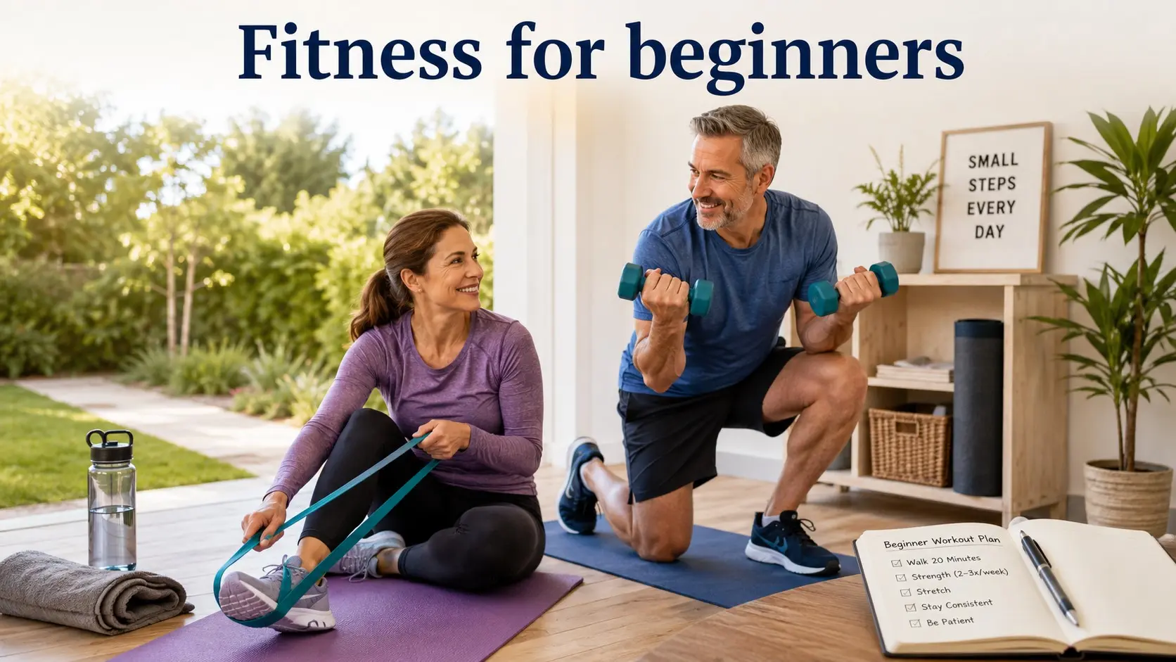Fitness for beginners guide with a man and woman starting with walking, light dumbbells, water, workout shoes, and beginner exercise notes