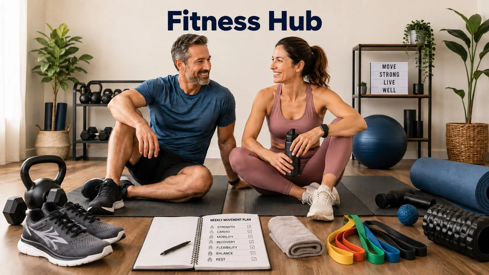 Fitness Hub guide with walking shoes, dumbbells, resistance bands, yoga mat, water bottle, towel, and workout planning notes