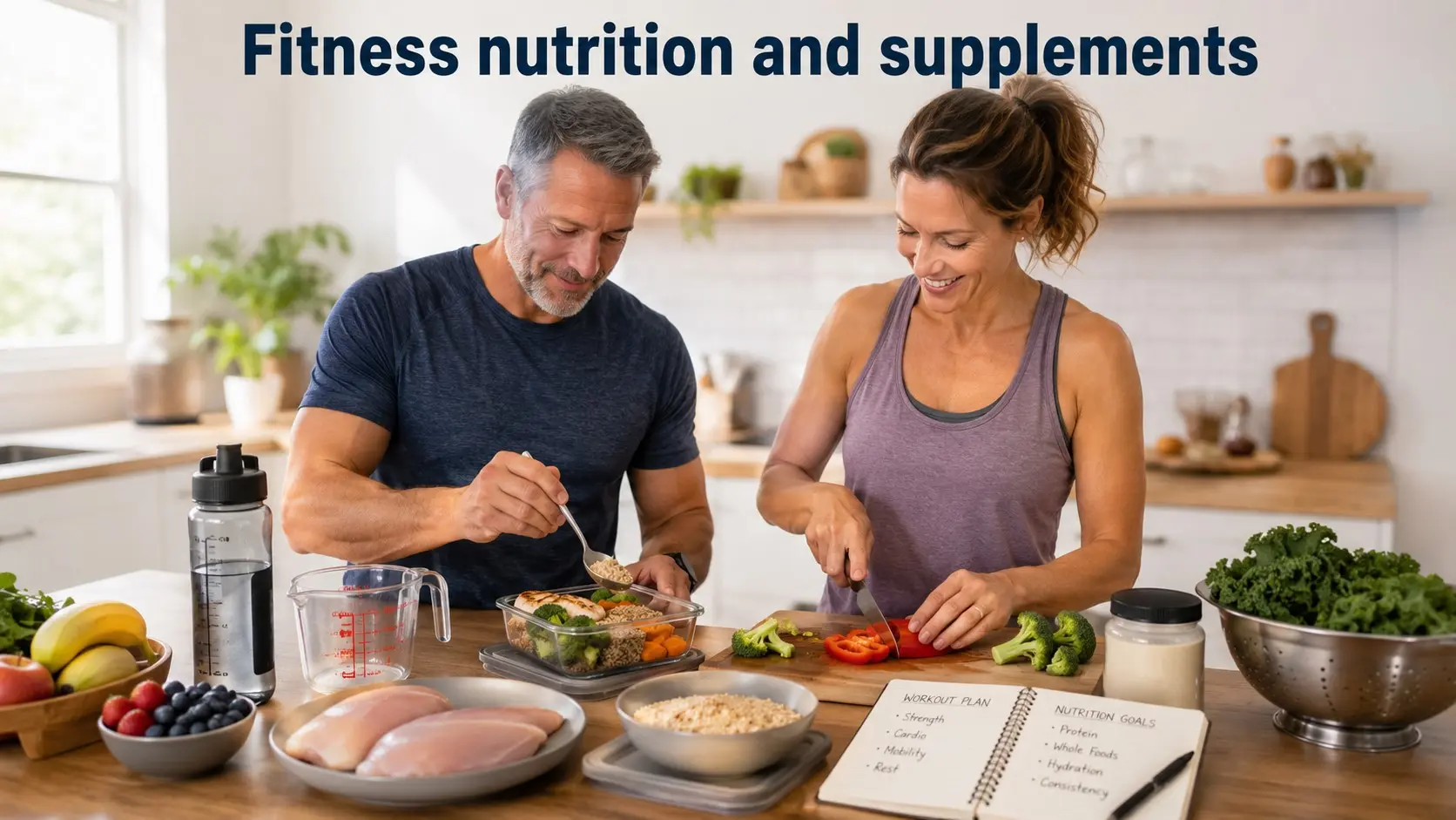 Fitness nutrition and supplements guide with balanced meals, water bottle, protein foods, workout notes, and supplement safety reminders
