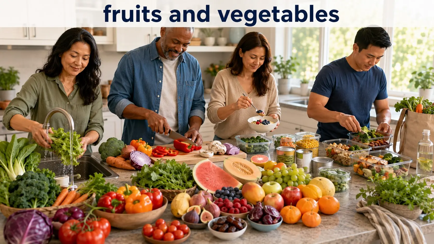 Adults washing, preparing, and meal-prepping colorful fruits and vegetables, including leafy greens, berries, citrus fruits, melons, tomatoes, and root vegetables.