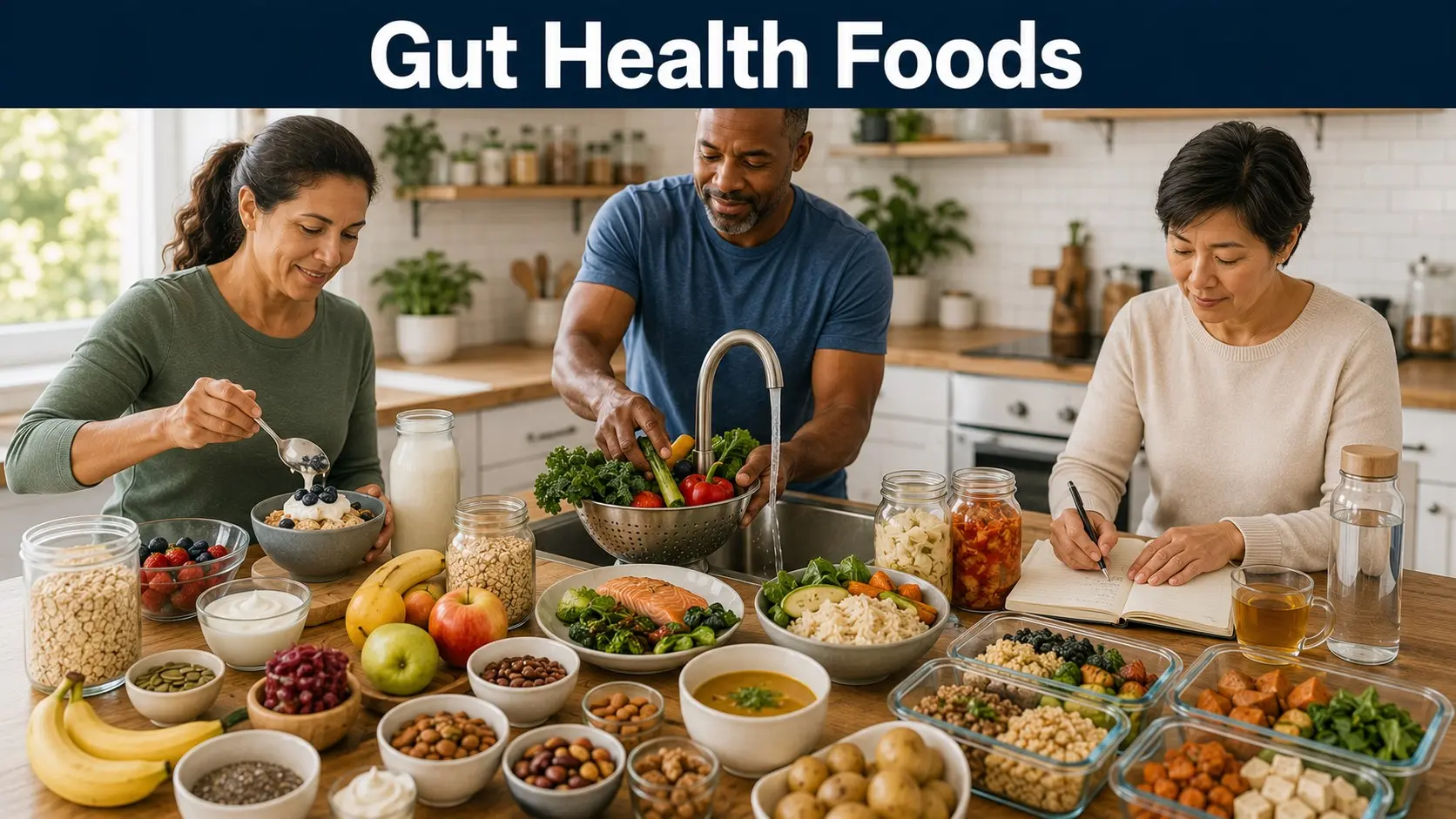 Adults preparing fiber-rich foods, yogurt, fermented vegetables, balanced meals, water, and a food diary to support digestion and gut health.