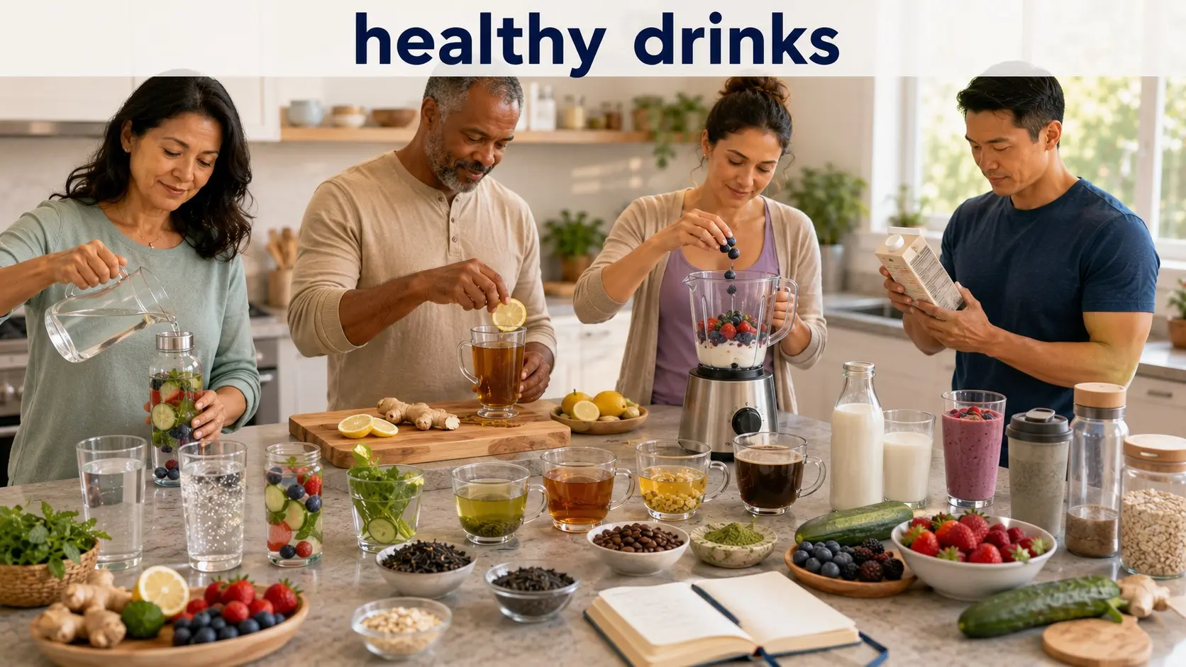 Water, tea, coffee, milk, fortified plant drinks, smoothies, and fruit arranged for a practical healthy-drinks and hydration guide.