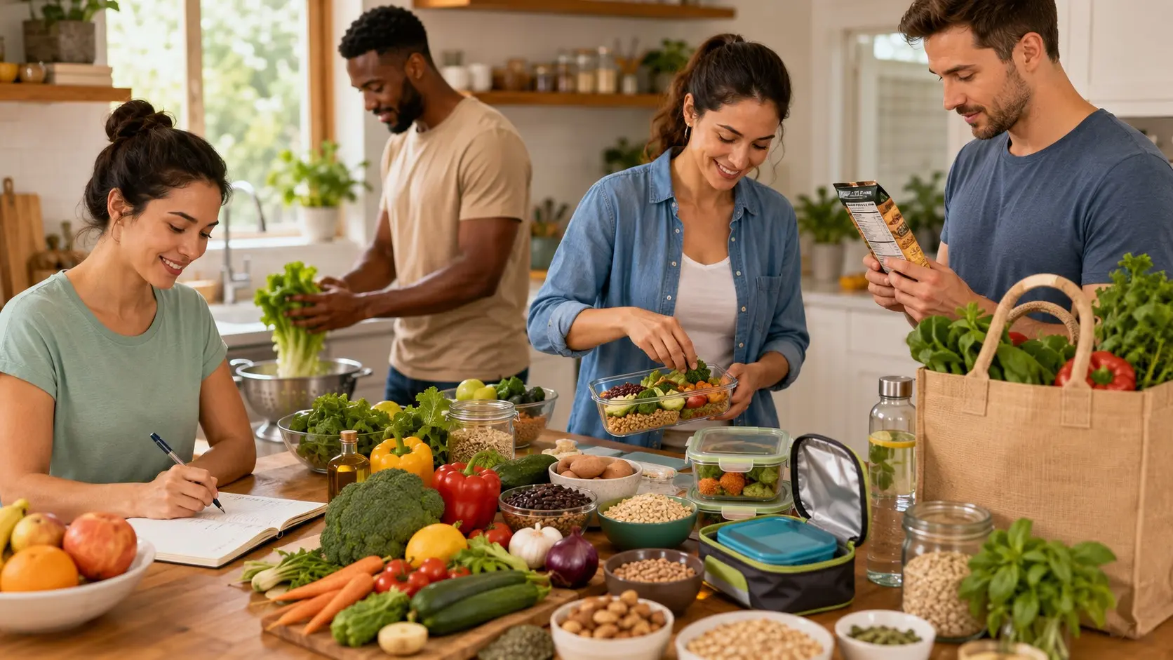 Adults planning meals, reading food labels, and preparing balanced foods with vegetables, fruit, protein, whole grains, beans, and water.