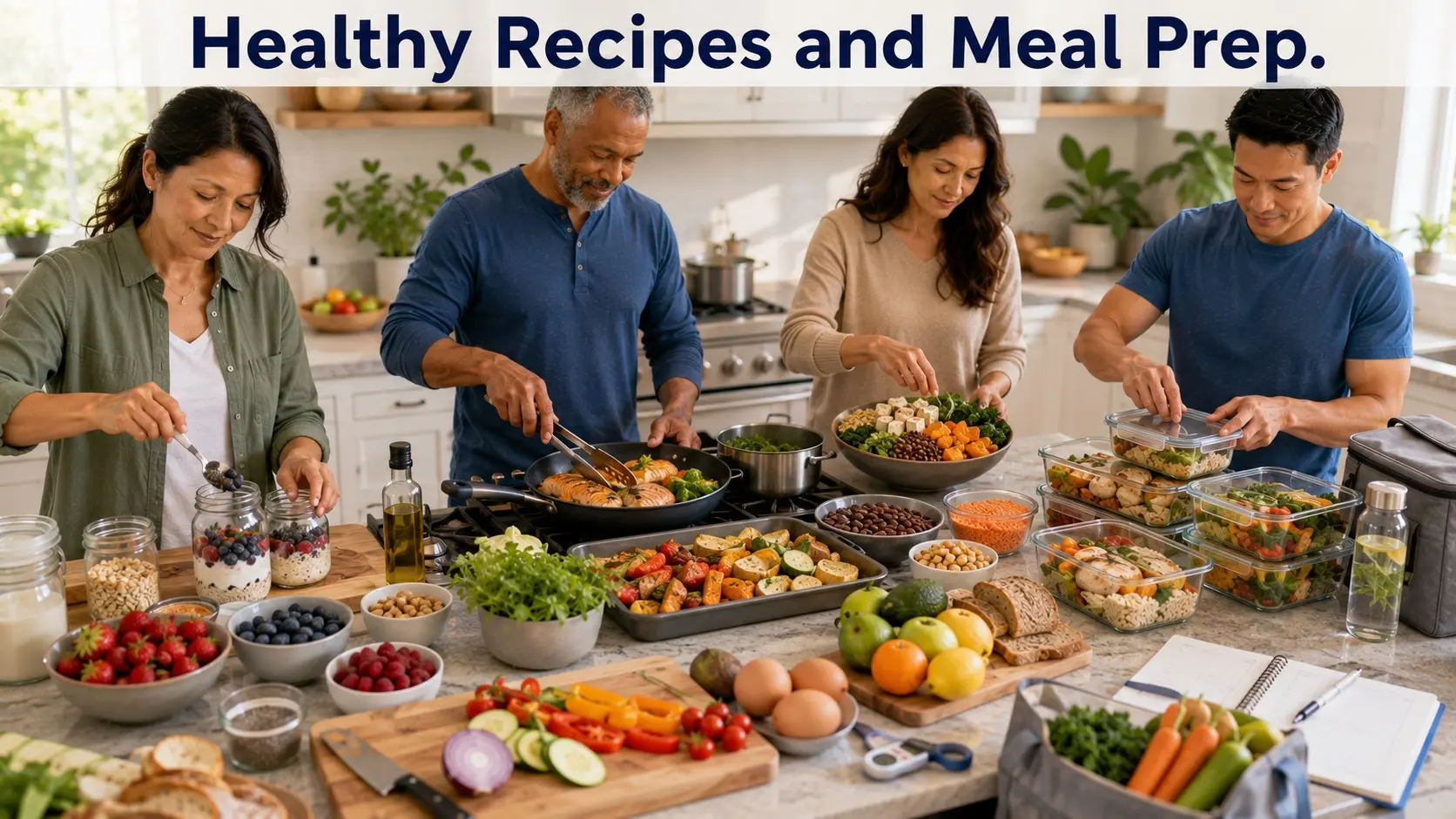 Adults preparing balanced breakfasts, lunches, dinners, and plant-based meals while safely portioning food into reusable meal-prep containers.