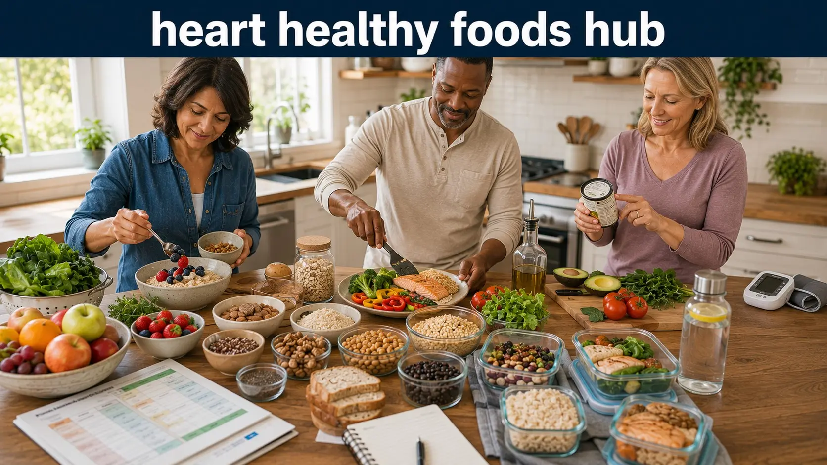 Adults preparing heart-healthy foods with salmon, oats, beans, vegetables, fruit, whole grains, nuts, olive oil, and a DASH meal plan.