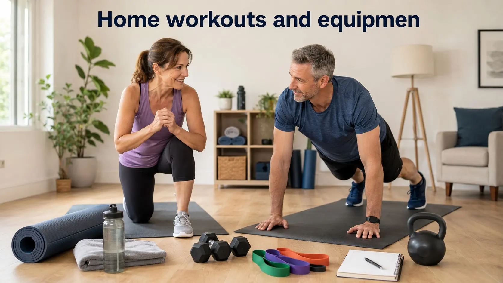 Home workouts and equipment guide with a man and woman using dumbbells, resistance bands, kettlebell, yoga mat, water bottle, and workout notes at home