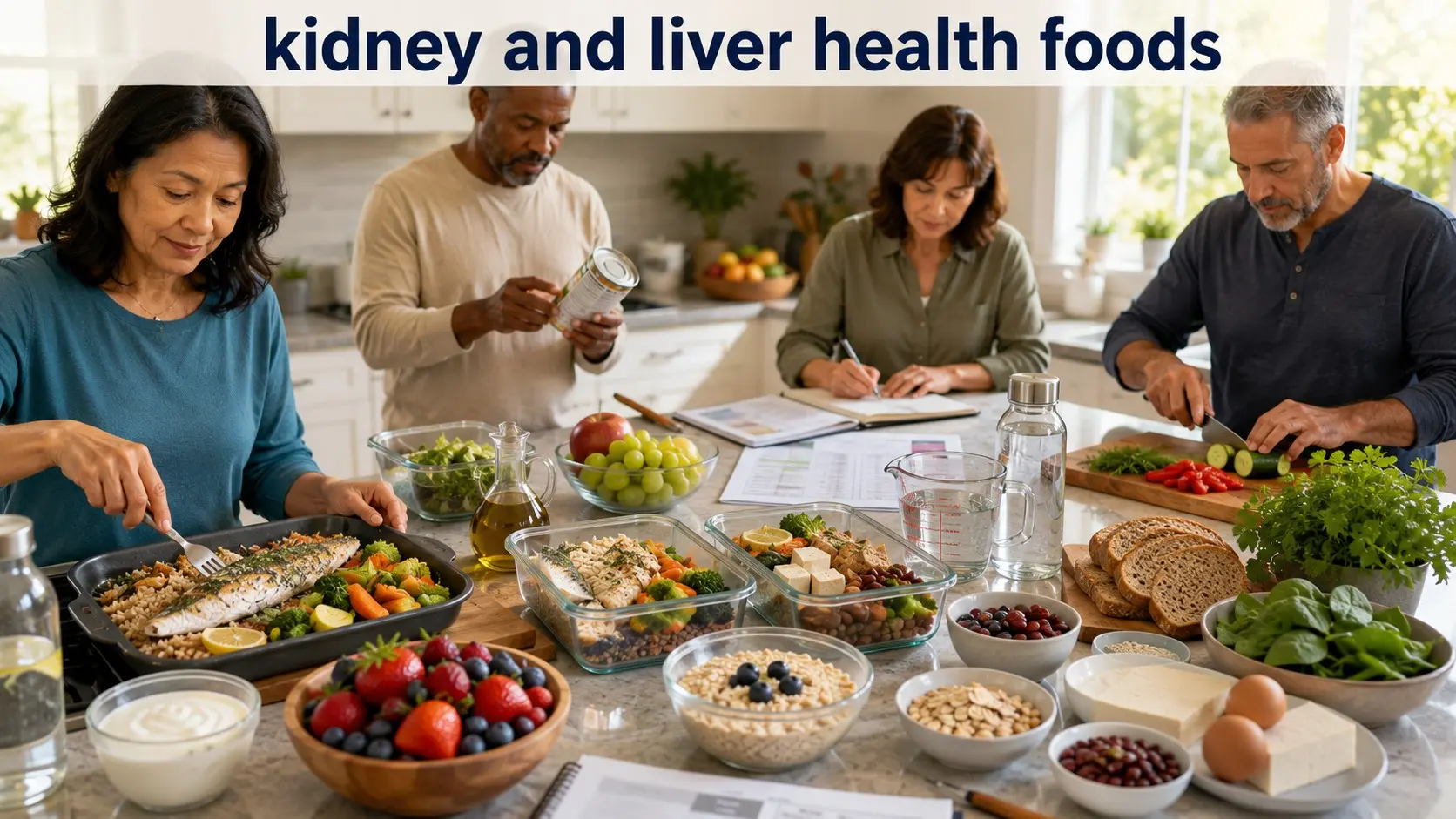 Adults preparing balanced lower-sodium meals, reading food labels, and planning food choices for kidney and liver health with professional guidance.