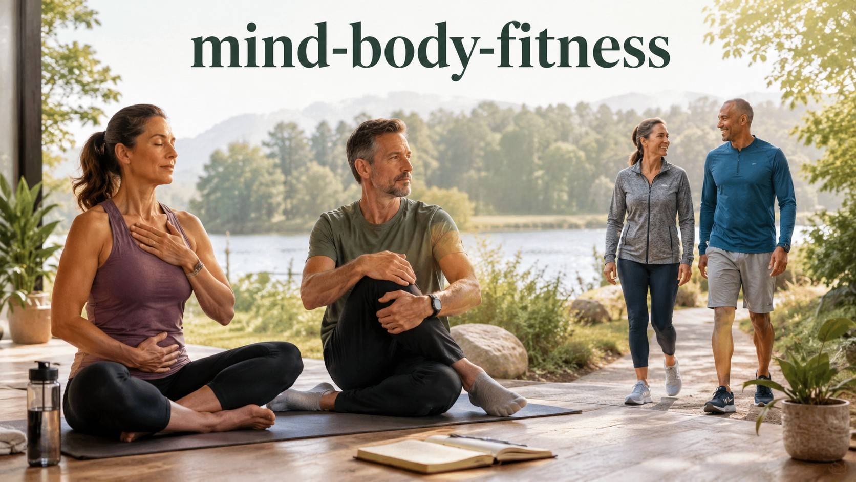 Mind-body fitness guide with a man and woman practicing mindful movement, breathing, meditation, stretching, and outdoor exercise
