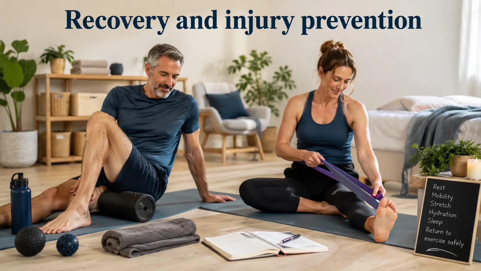 Recovery and injury prevention guide with foam roller, yoga mat, resistance bands, water bottle, towel, and safe workout recovery notes