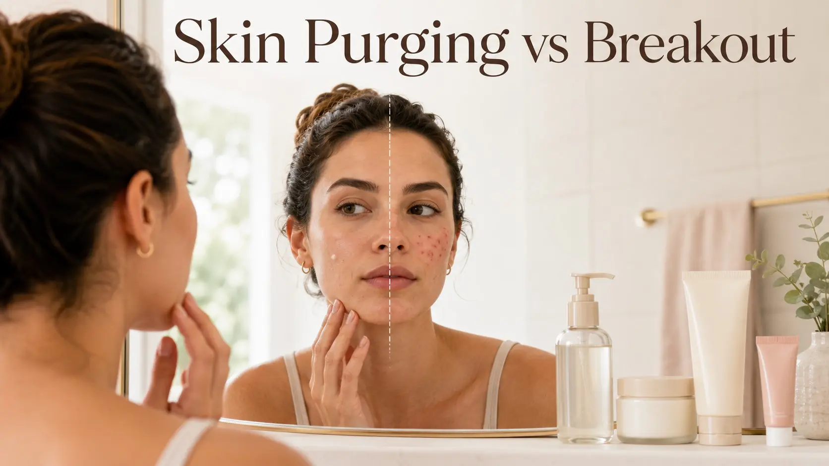 Skin Purging vs Breakout - Woman comparing skin purging vs breakout signs while checking mild pimples and irritation in a mirror.