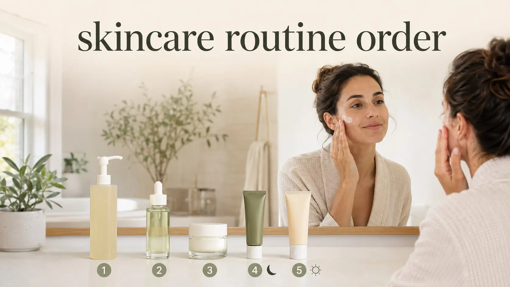 Woman following the correct skincare routine order with cleanser, serum, moisturizer, retinol, and sunscreen.