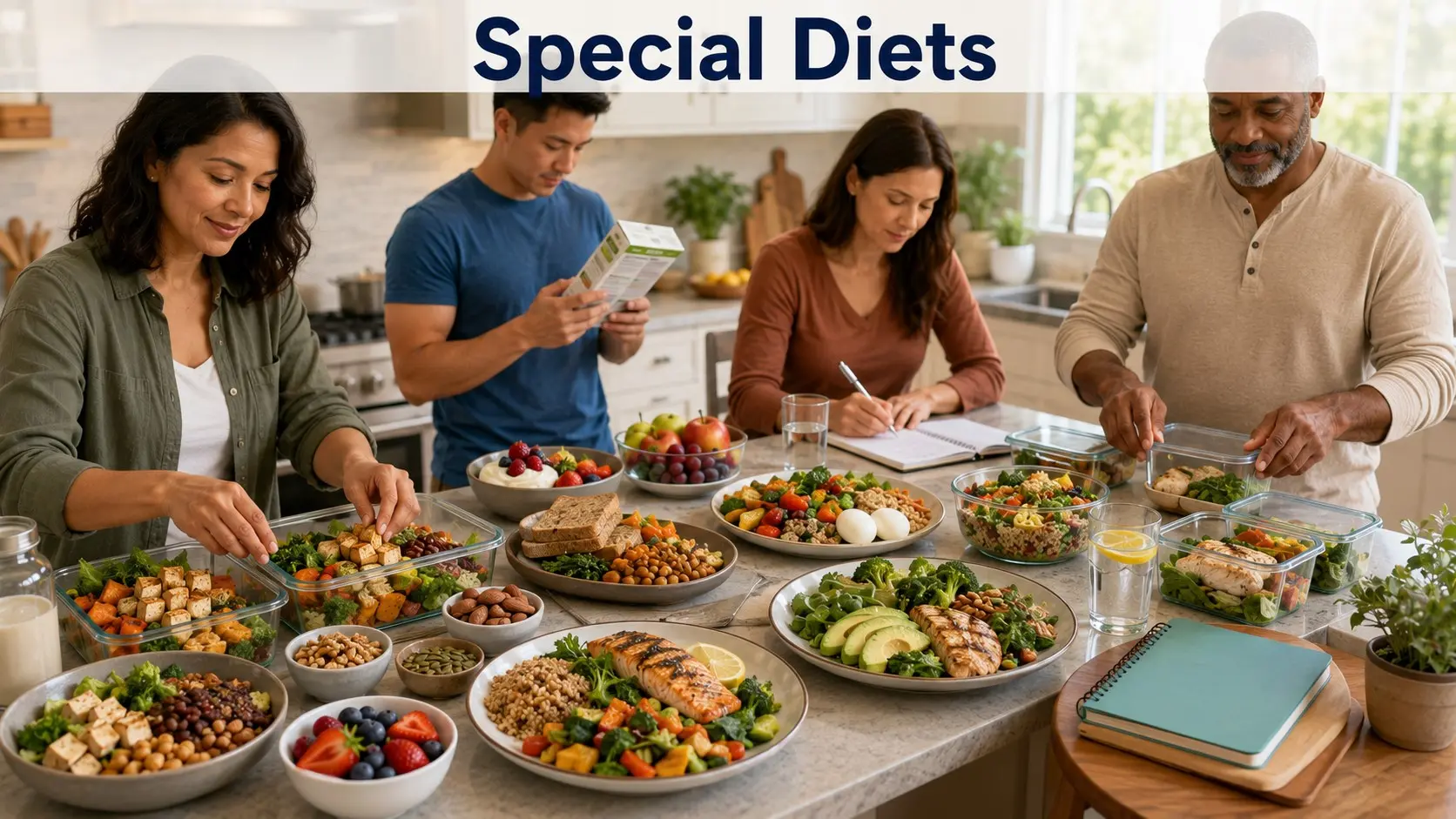 Adults preparing vegan, vegetarian, lower-carbohydrate, DASH, and blood sugar-friendly meals while planning food and reading nutrition labels.