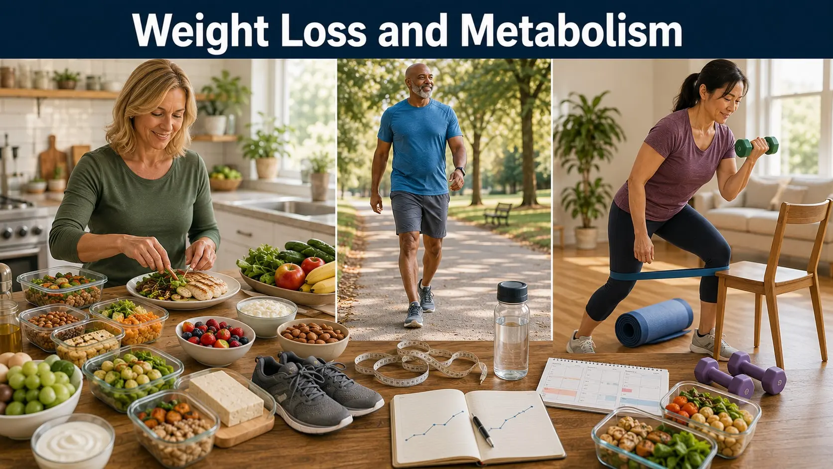 Adults preparing balanced meals, walking, and strength training as part of a safe and sustainable weight-management plan.