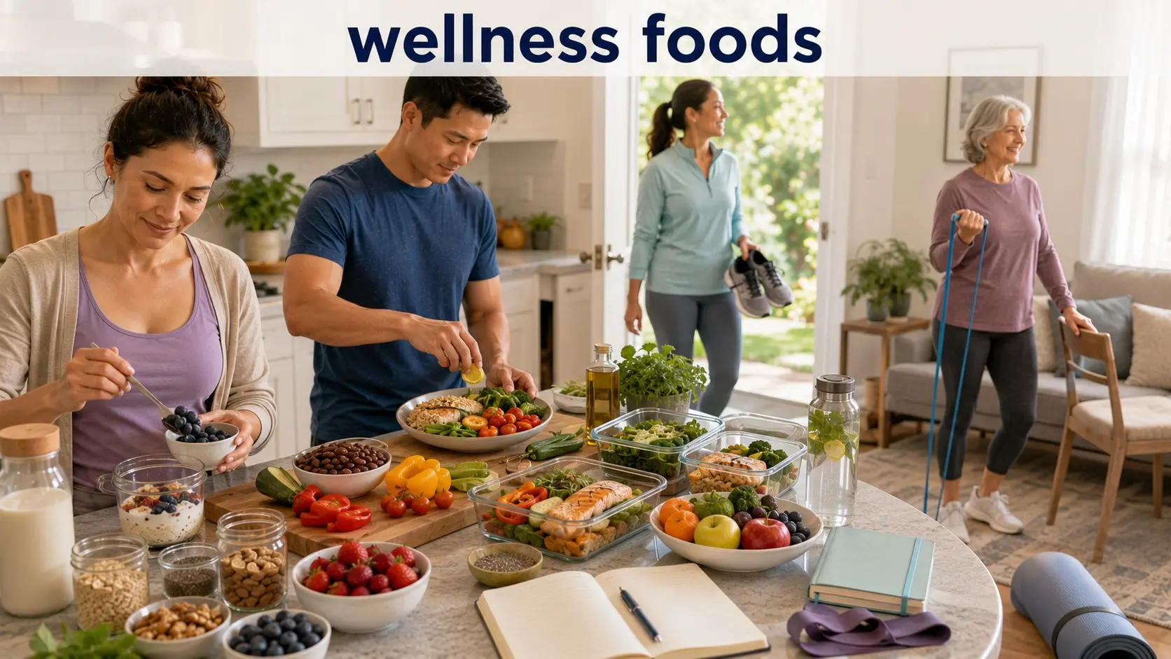 wellness foods-Adults preparing balanced wellness foods, walking, and doing light resistance exercise to support energy, mood, sleep, fitness, and healthy aging.