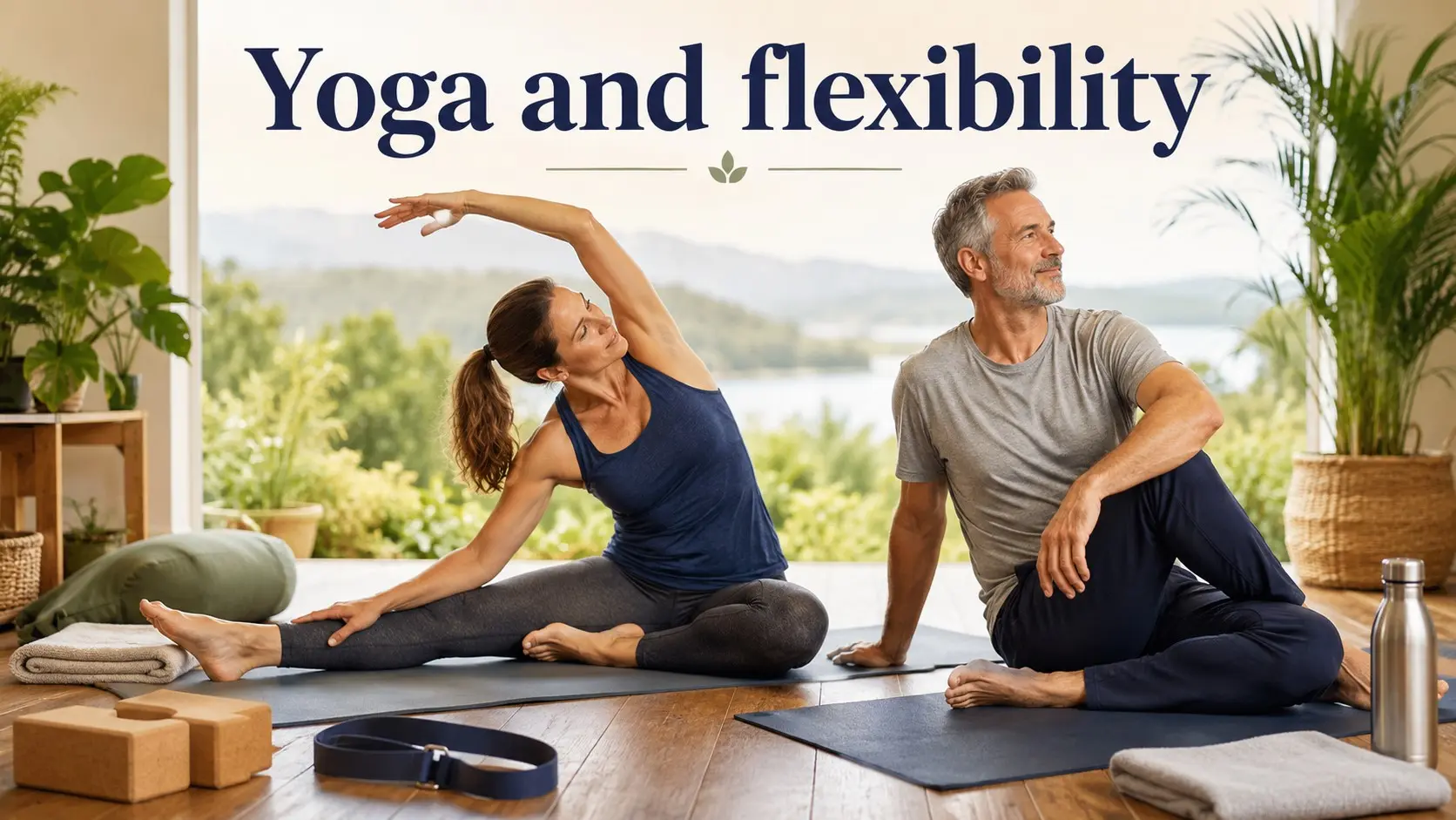 Yoga and flexibility guide with a man and woman practicing beginner-friendly yoga poses, stretching, balance, and mobility on mats