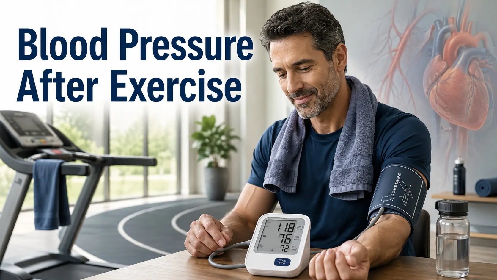 Blood Pressure After Exercise shown with an adult checking an upper arm blood pressure monitor during recovery after cardio exercise