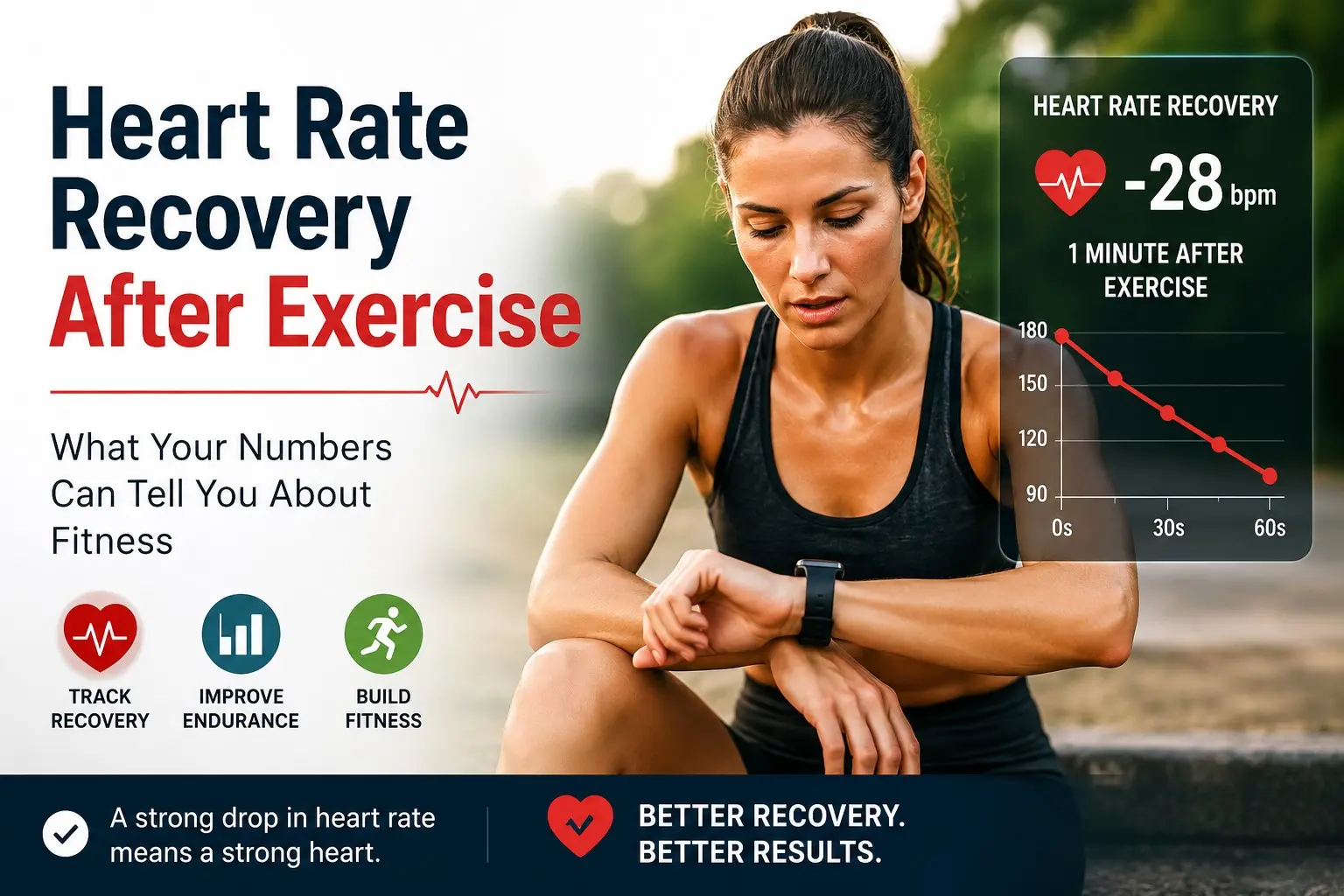Heart Rate Recovery After Exercise shown with an adult checking heart rate as it falls from 160 to 135 beats per minute during recovery.