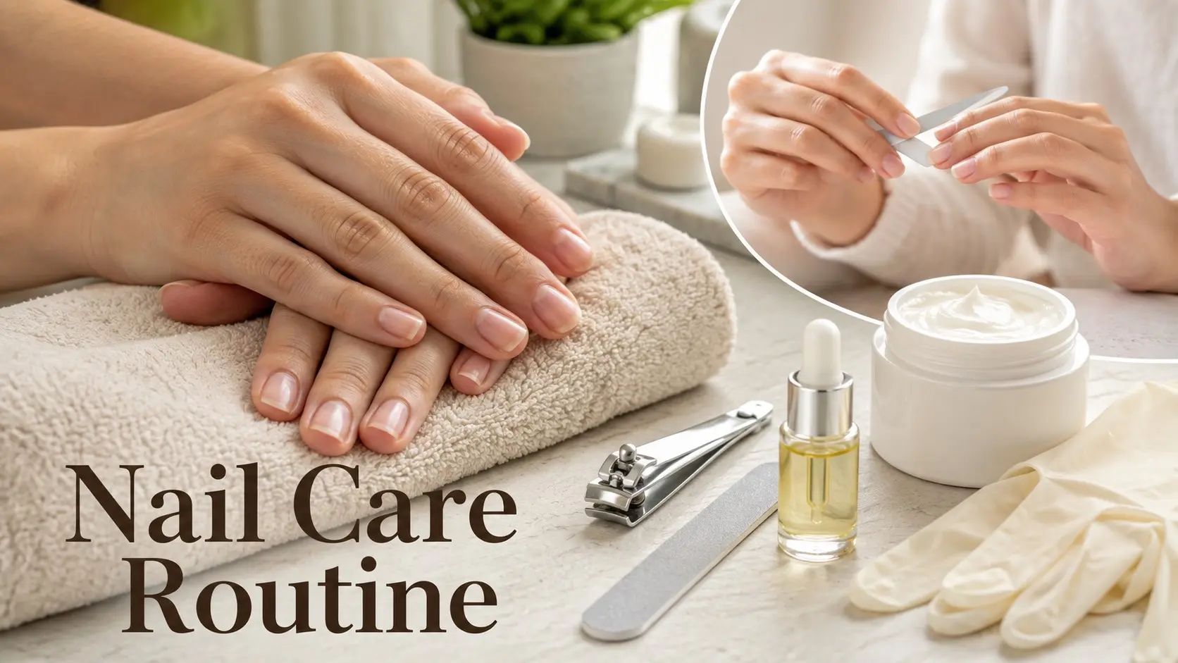 Healthy natural nails with clippers, nail file, moisturizer, and cuticle oil for a simple daily and weekly nail care routine