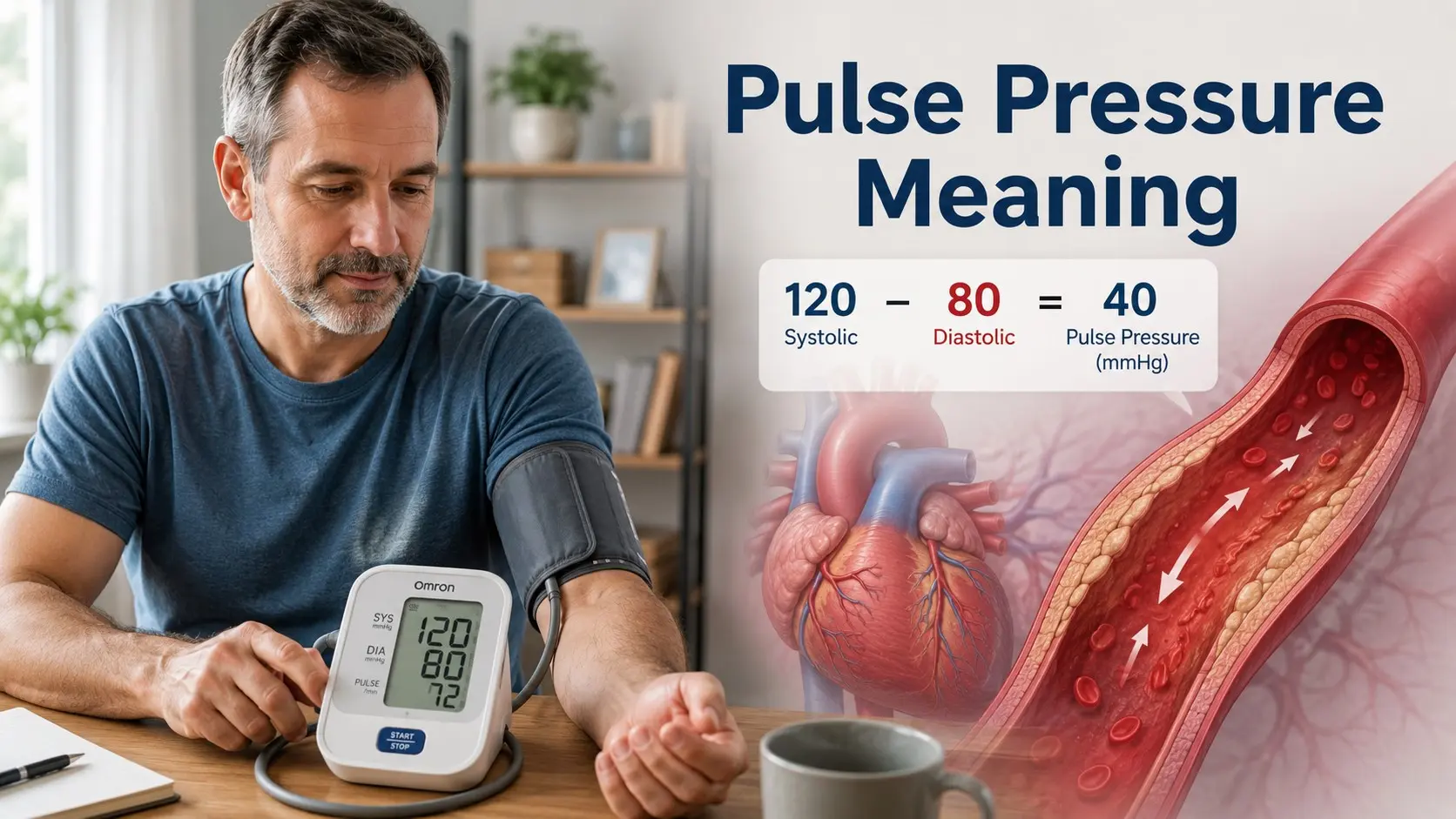 Pulse Pressure Meaning shown with a blood pressure monitor, systolic and diastolic numbers, heart, arteries, and pulse pressure calculation.