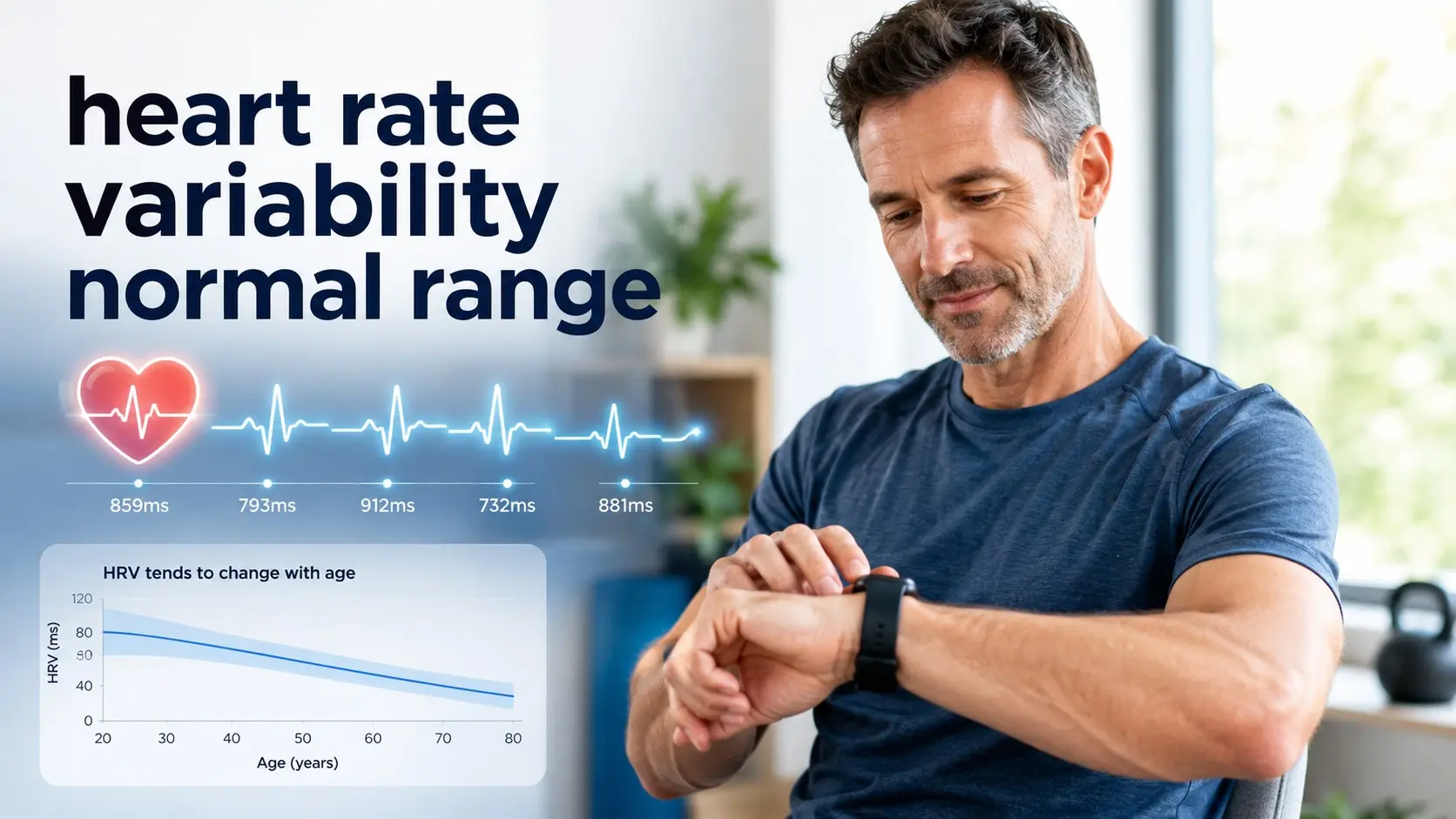 Heart Rate Variability Normal Range shown with a smartwatch, heart rhythm intervals, HRV by age trend, and wearable heart health tracking