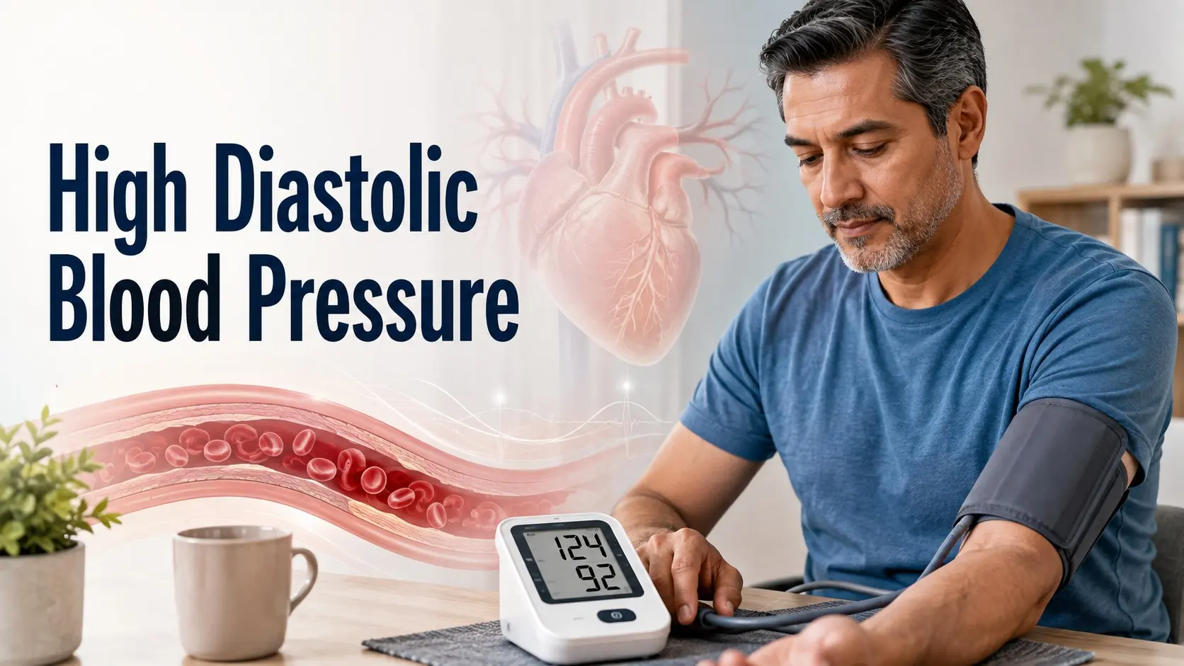 High Diastolic Blood Pressure shown with an upper arm blood pressure monitor displaying a high bottom number beside heart and artery imagery