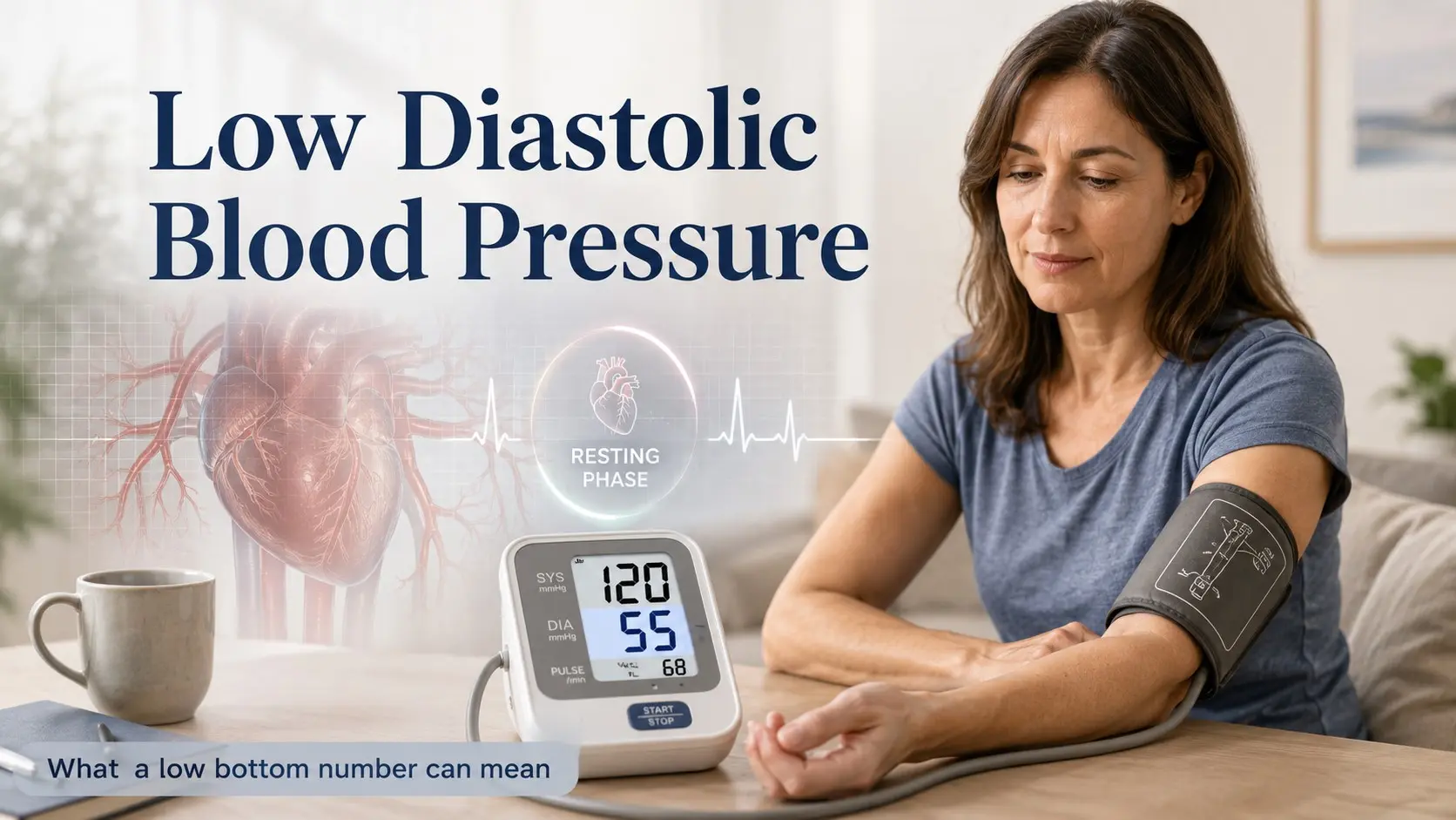 Low Diastolic Blood Pressure shown with an upper arm monitor reading 120 over 55 beside a heart and artery illustration.