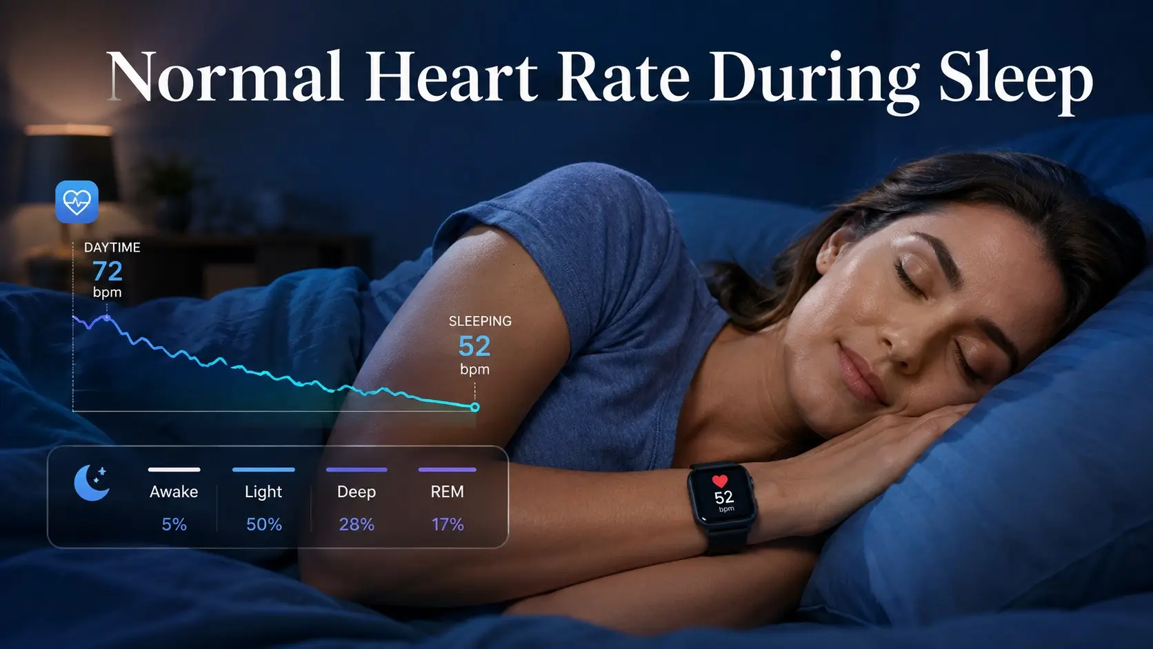 Normal Heart Rate During Sleep shown with an adult wearing a smartwatch as heart rate falls naturally during nighttime sleep.