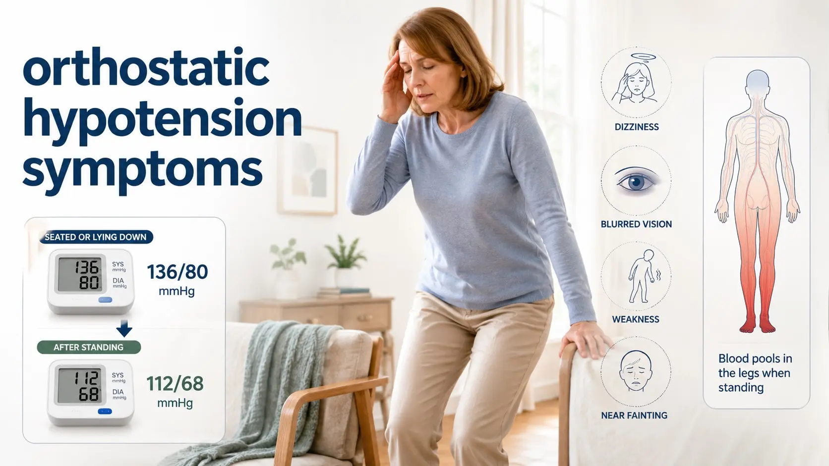 Orthostatic Hypotension Symptoms shown as an adult feels dizzy after standing while blood pressure falls from lying to standing