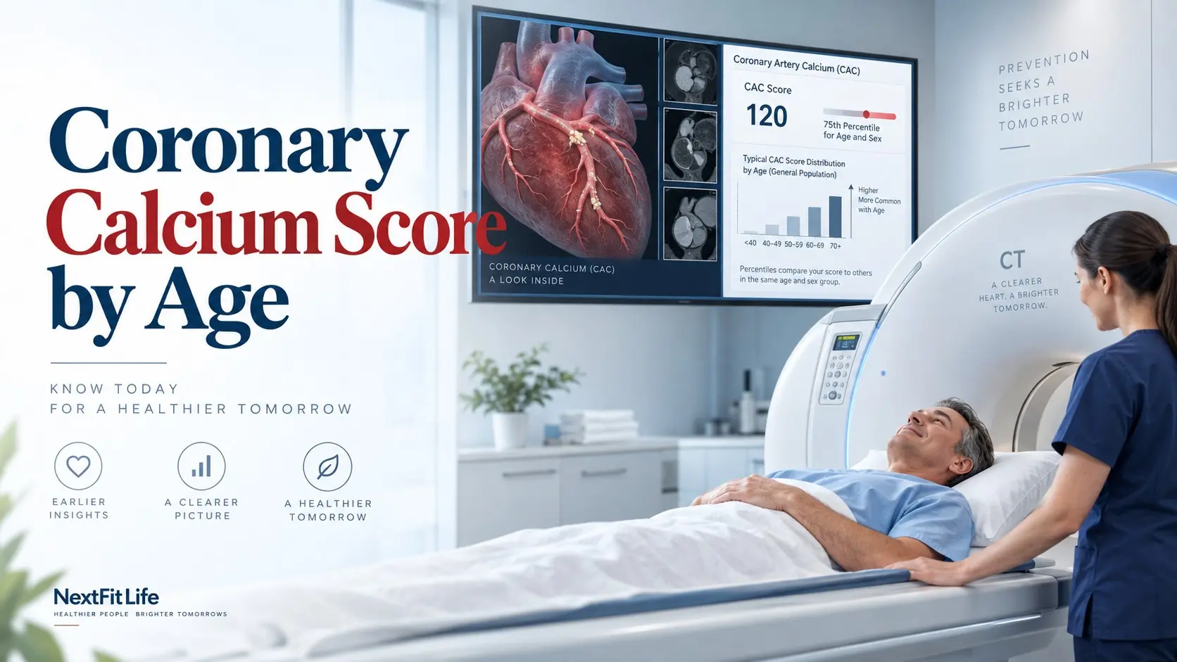 Coronary calcium score by age shown with cardiac CT scan and CAC result