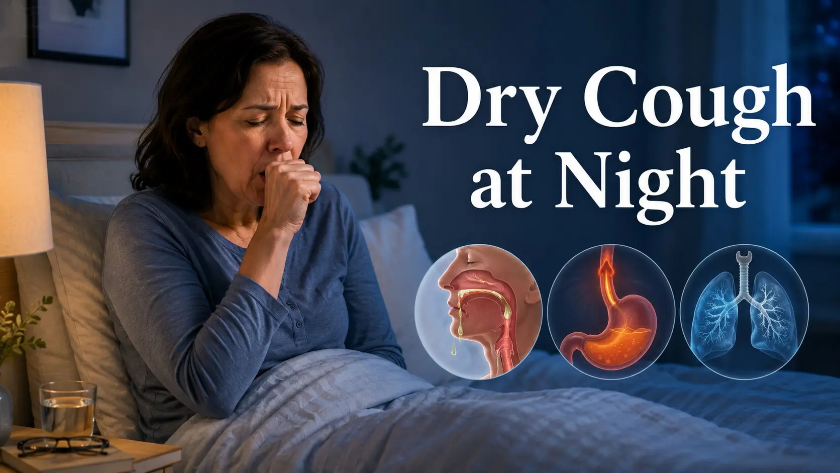 Dry Cough at Night shown with an adult coughing in bed and visuals for postnasal drip, asthma, reflux, and nighttime airway irritation