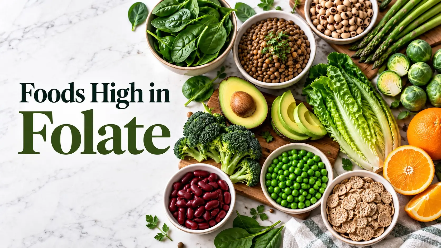 Foods High in Folate including spinach beans asparagus avocado and broccoli