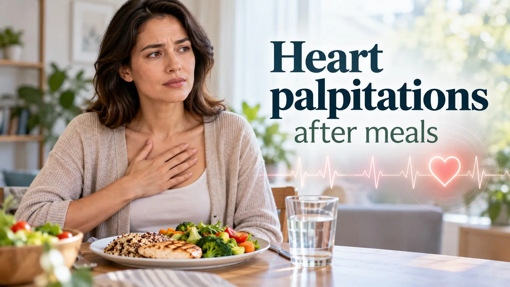 Heart palpitations after meals shown by an adult noticing a fluttering heartbeat after eating a balanced meal