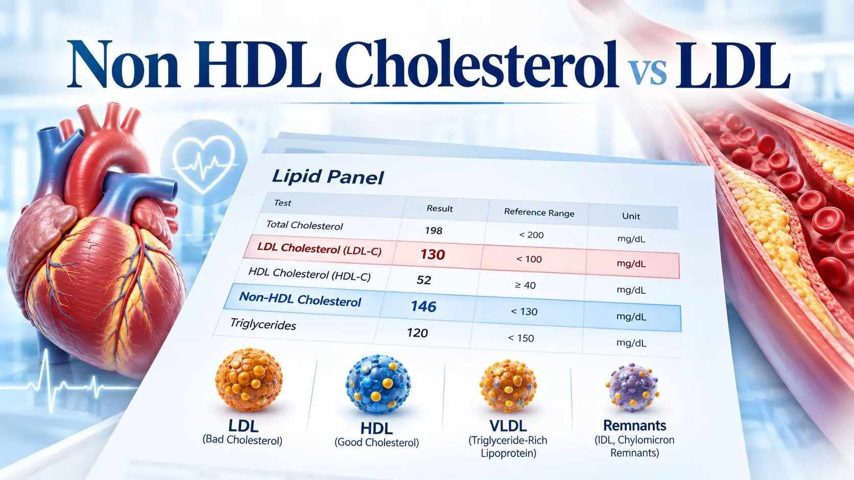 Non HDL cholesterol vs LDL comparison shown on a cholesterol blood test with LDL C, non HDL C, and heart health markers.