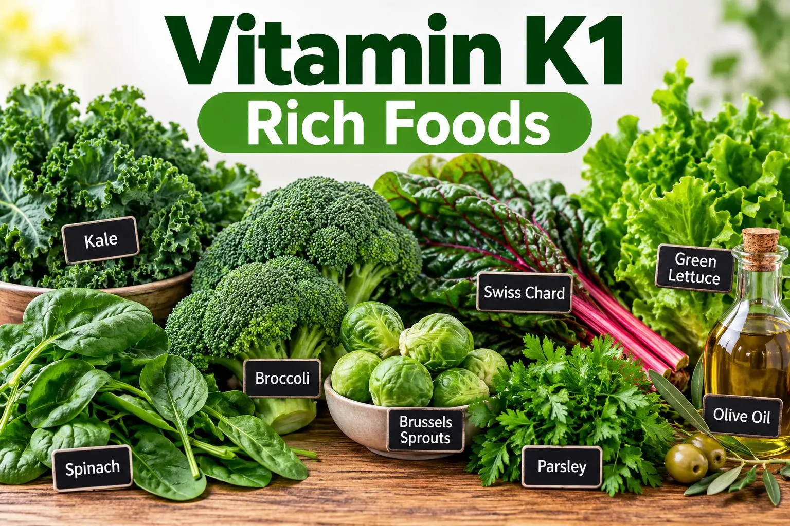 Vitamin K1 Rich Foods including spinach, kale, collard greens, broccoli, edamame, okra, pumpkin, blueberries, and other food sources.