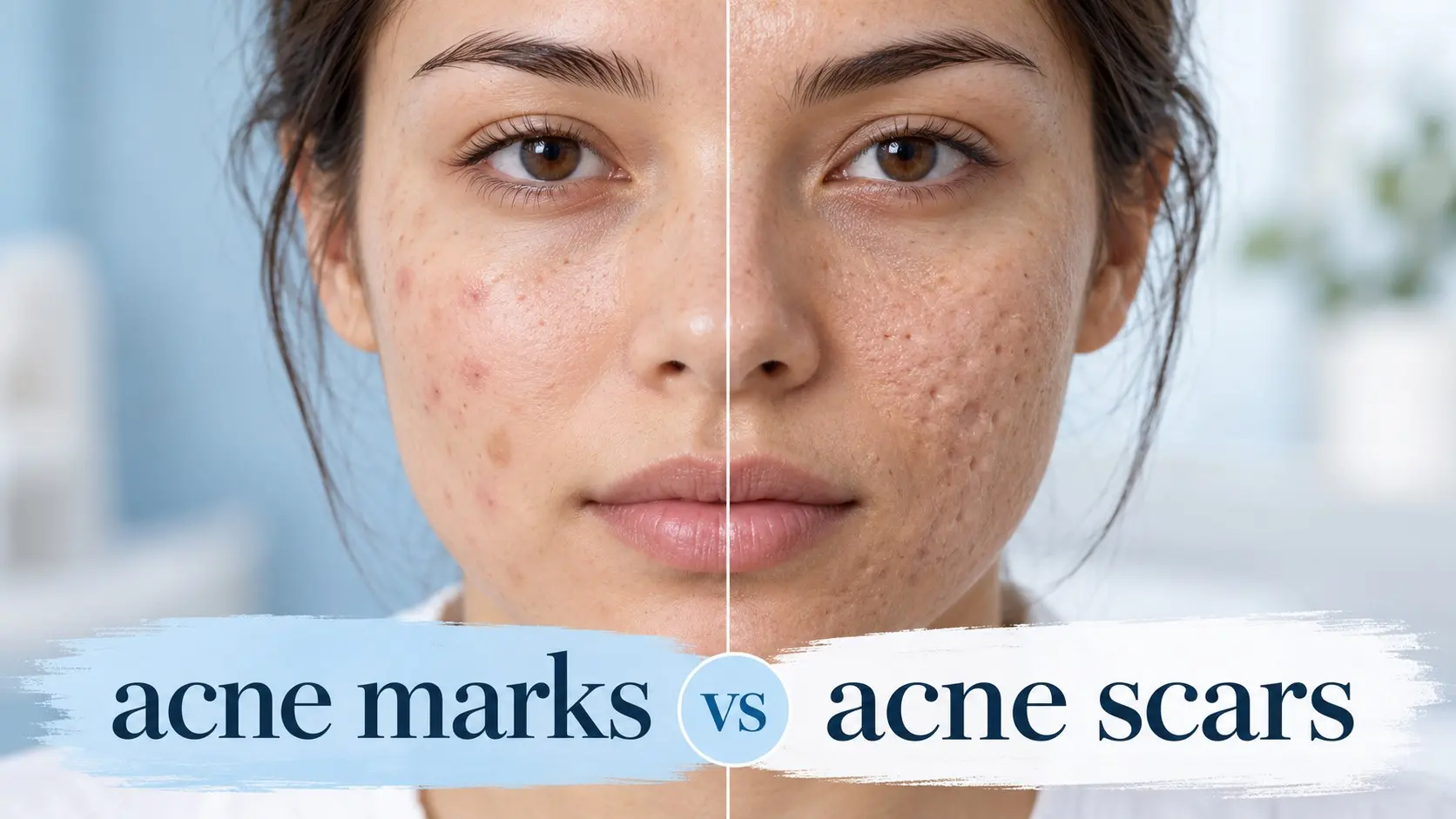 acne marks vs acne scars showing flat brown and red marks compared with pitted, rolling, and raised acne scar texture
