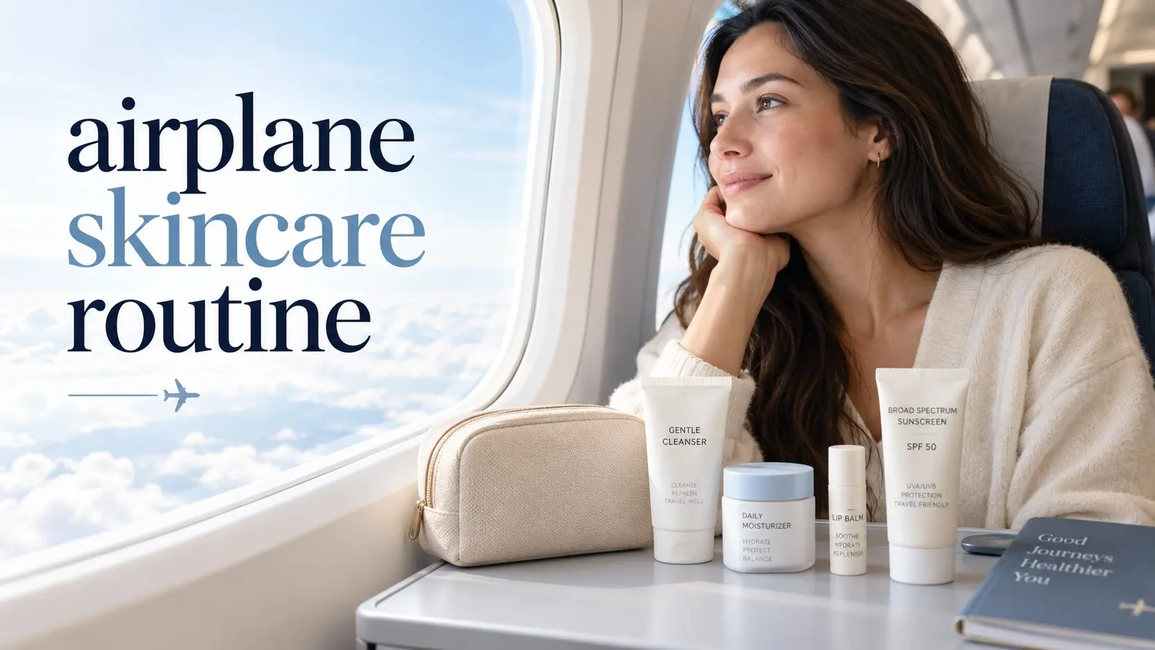Airplane skincare routine with moisturizer sunscreen and lip balm during a flight