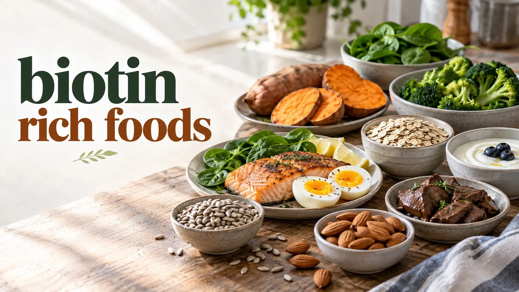 Biotin Rich Foods including cooked eggs, salmon, sunflower seeds, sweet potatoes, almonds, spinach, broccoli, and other vitamin B7 foods.