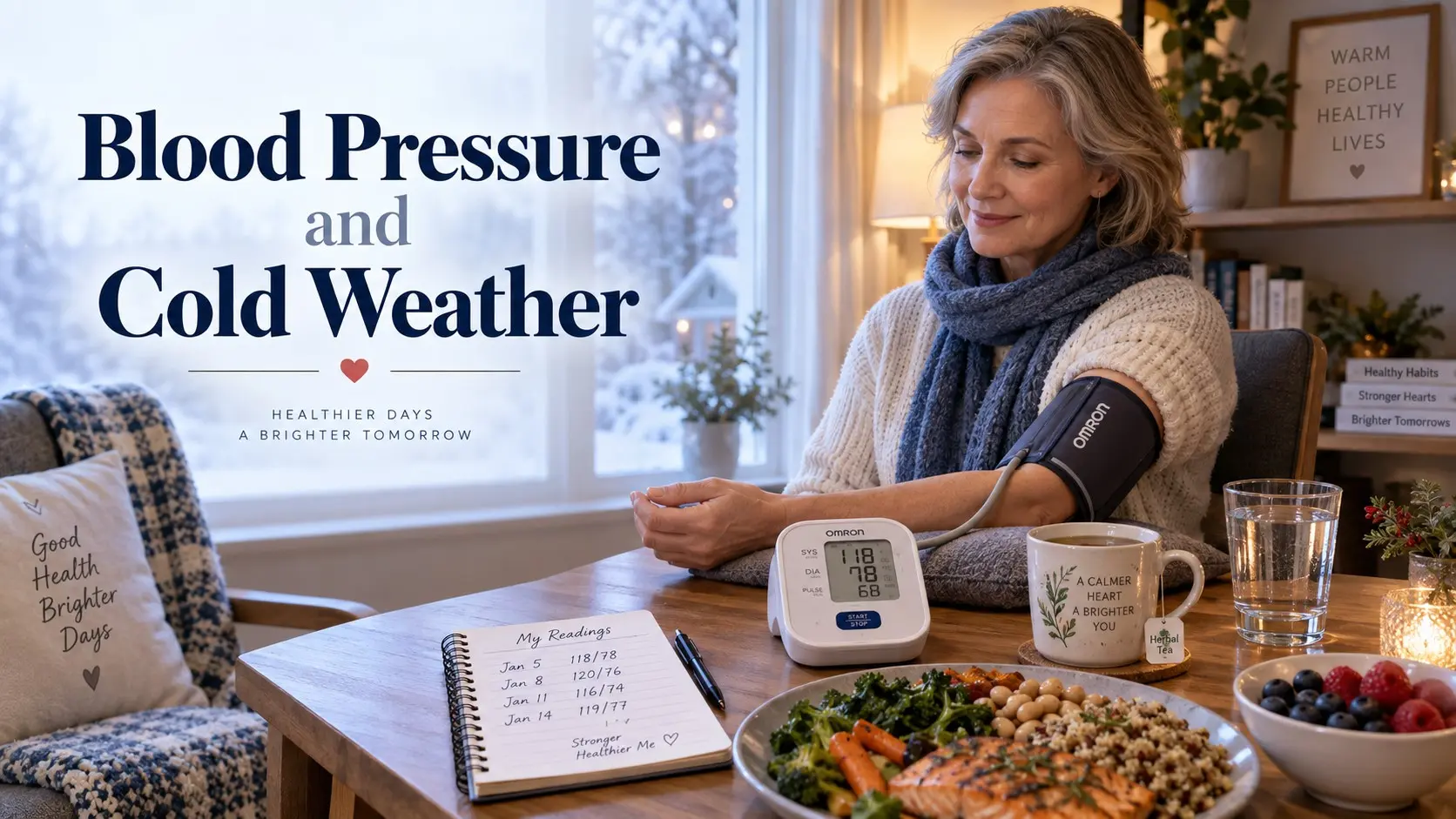 Blood Pressure and Cold Weather with a person checking blood pressure correctly indoors during winter beside a monitor and heart healthy foods