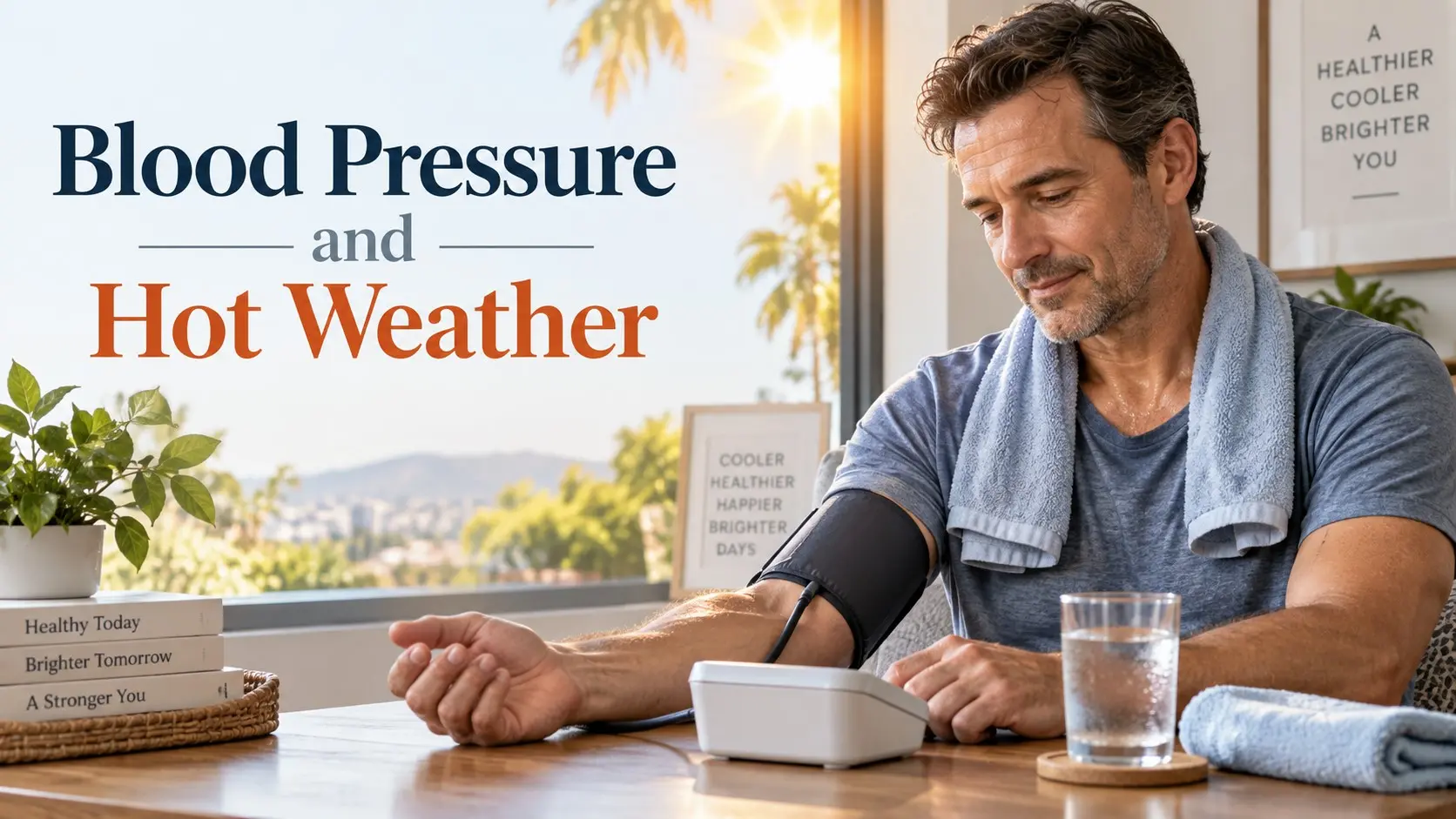 Blood Pressure and Hot Weather shown with an adult checking blood pressure indoors after summer heat exposure while cooling down and drinking water.