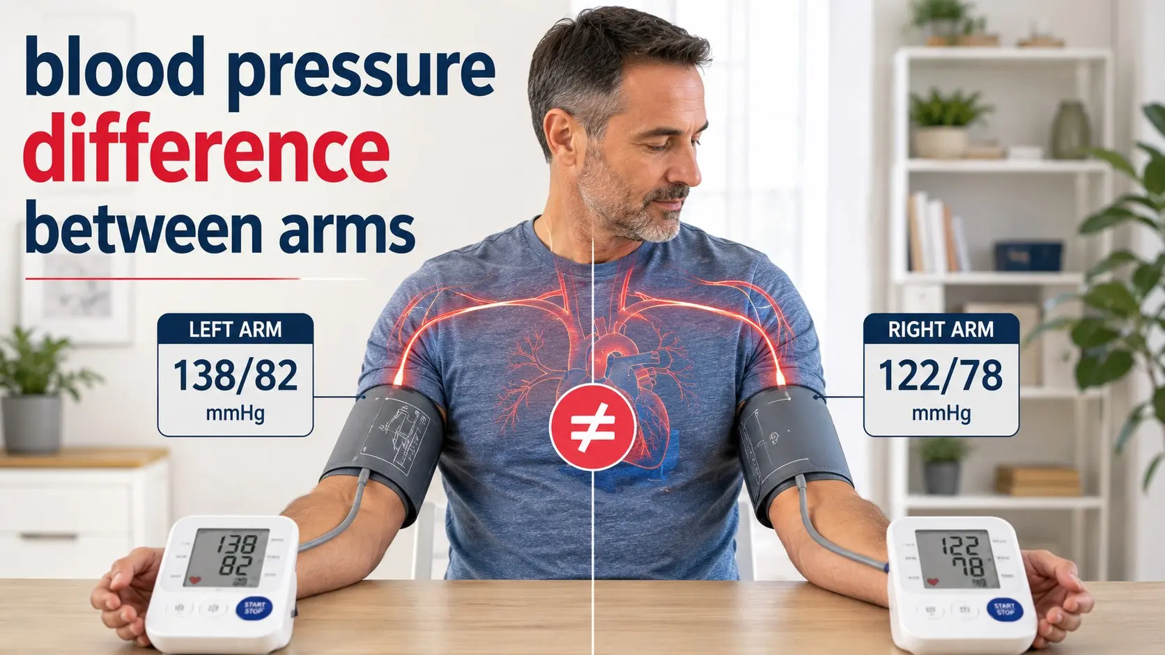 Blood Pressure Difference Between Arms shown with an adult comparing left and right arm readings and a persistent systolic pressure gap.