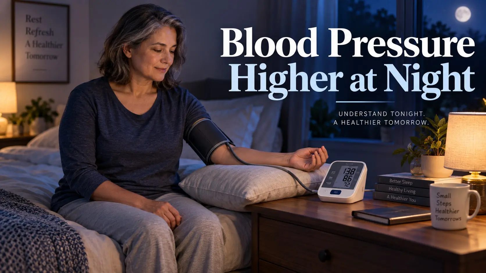 Blood pressure higher at night shown with an adult correctly checking blood pressure using an upper arm monitor before bed